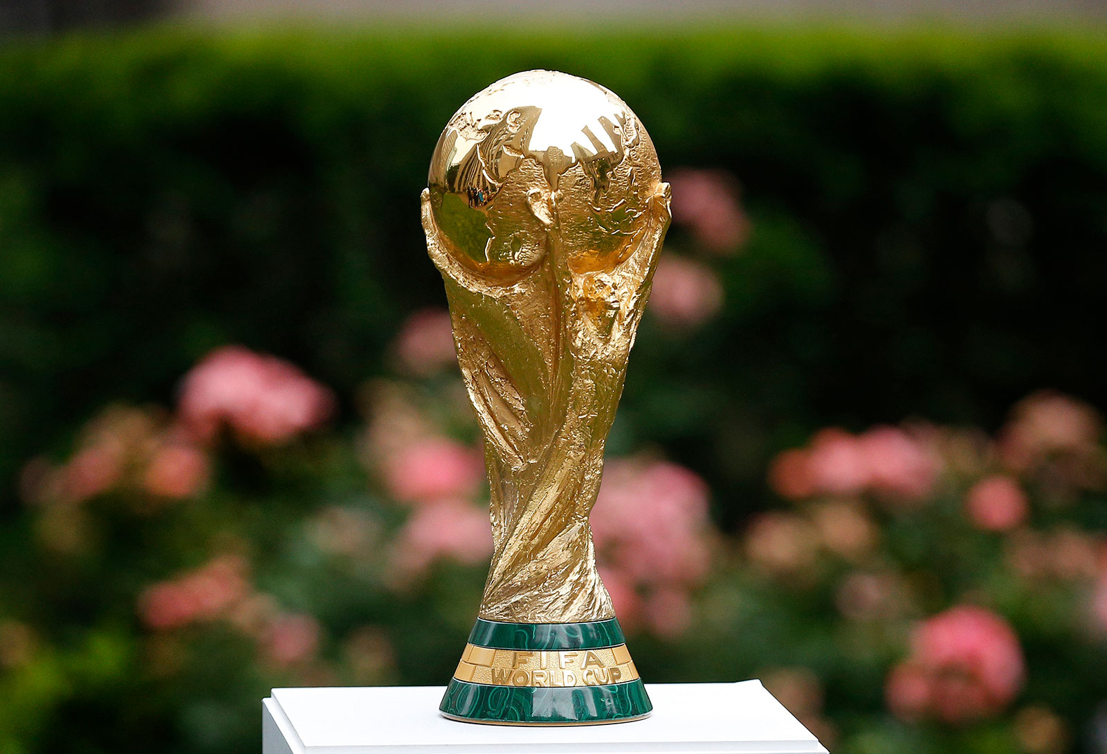 The 2026 FIFA World Cup trophy on display before a press conference at Rockefeller Plaza in New York on June 16. 