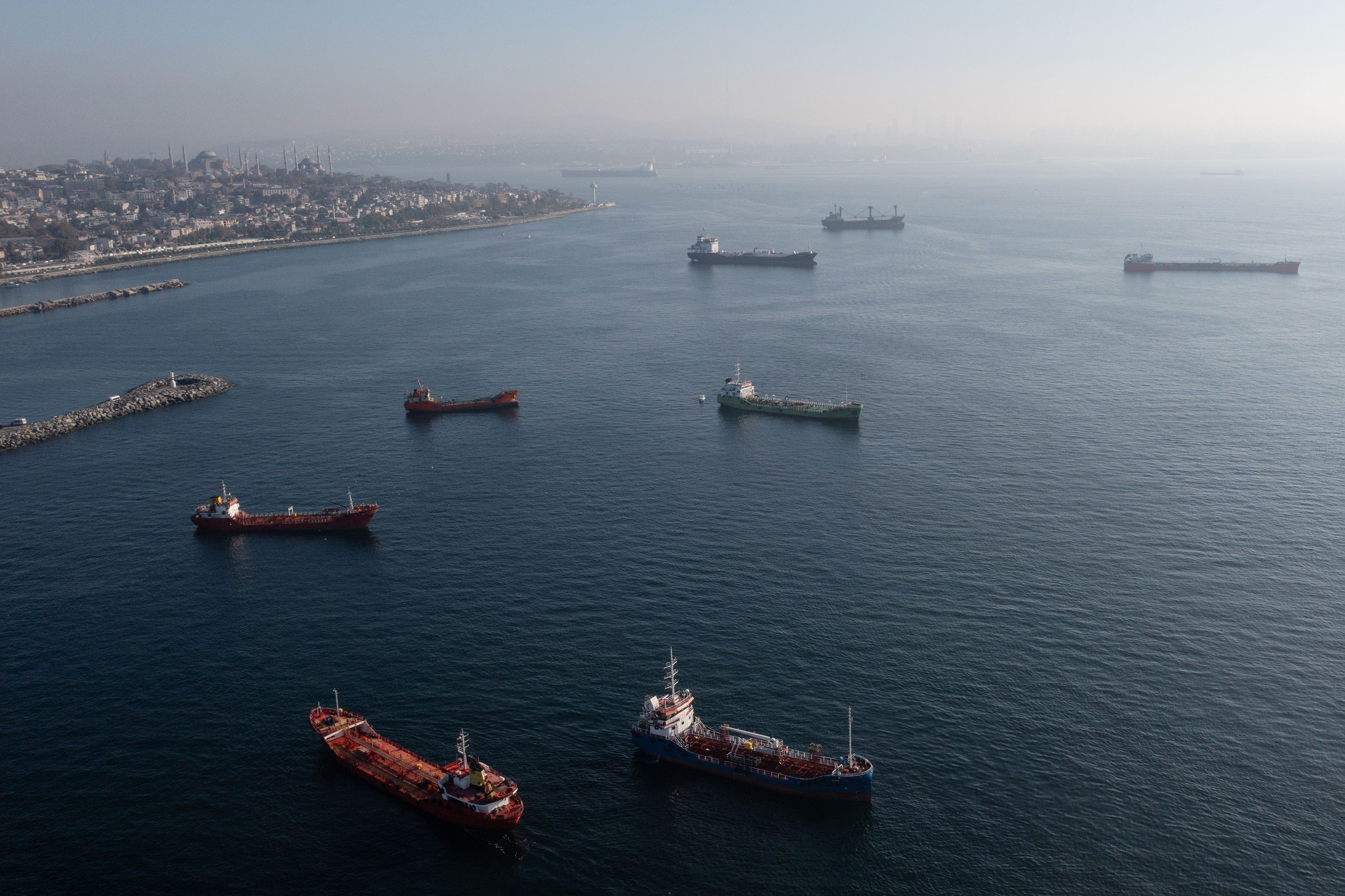 Ships, including those carrying grain from Ukraine and awaiting inspections, are seen anchored off the Istanbul coastline November 2, 2022. 