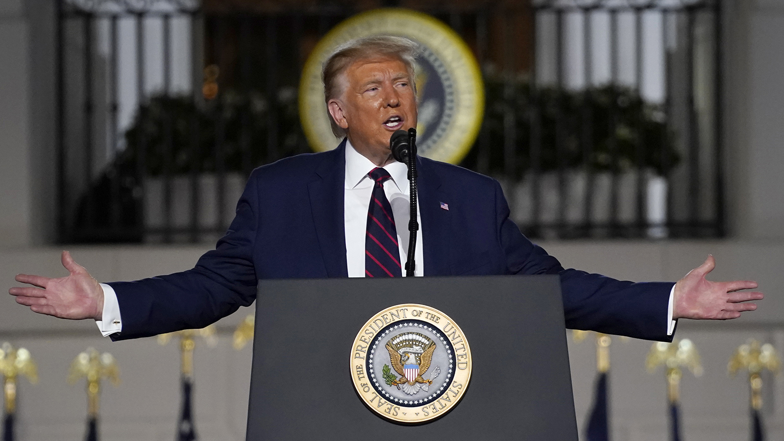 President Donald Trump speaks from the South Lawn of the White House on the fourth day of the Republican National Convention  on Thursday in Washington. 