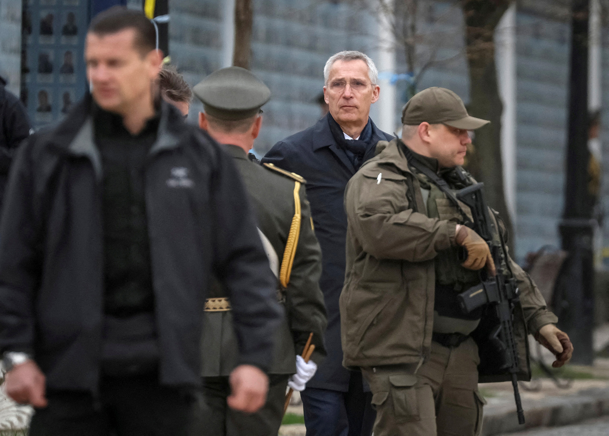 NATO Secretary-General Jens Stoltenberg, center, visits Kyiv, Ukraine, on April 20.