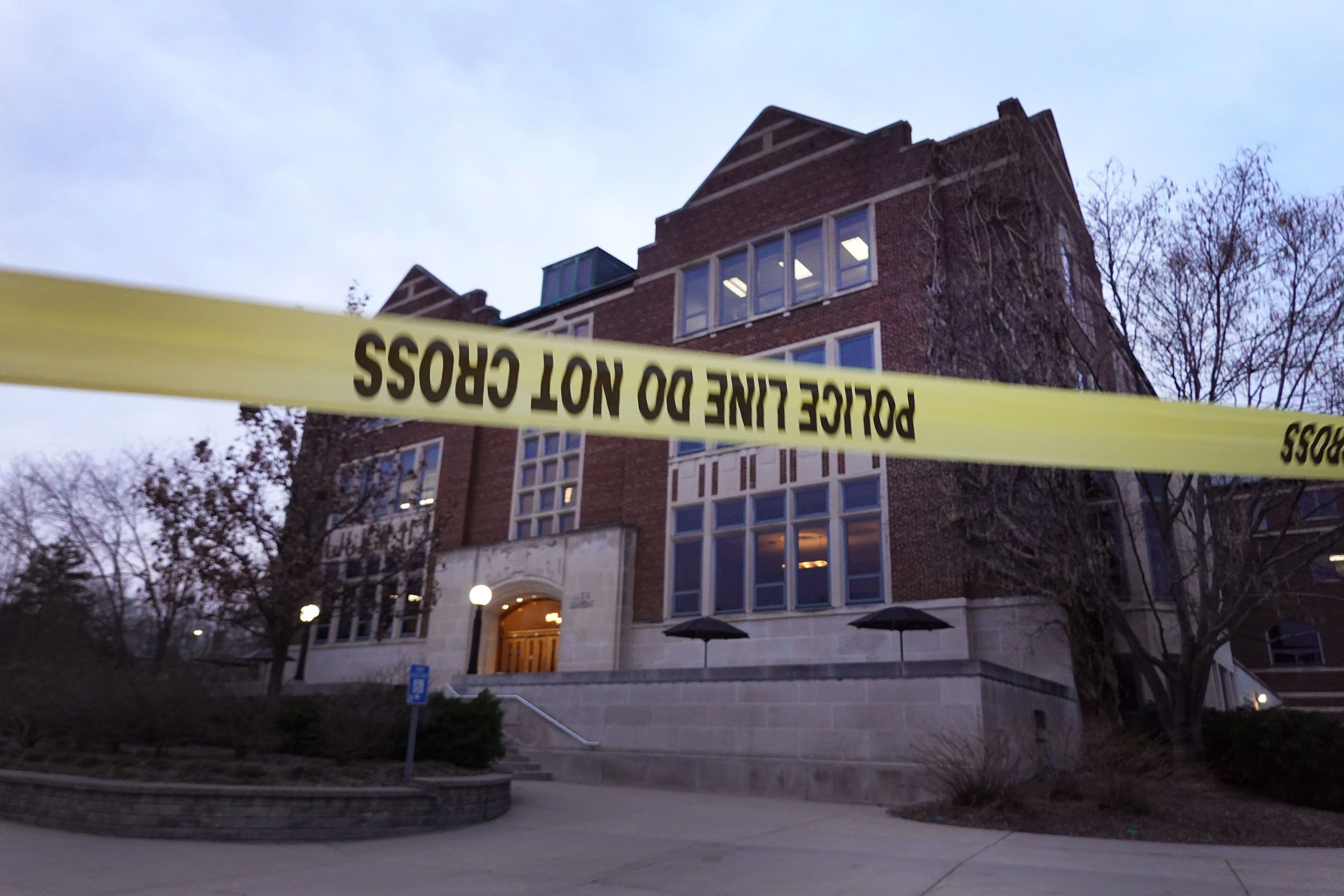 Crime scene tape surrounds the Student Union building on the campus of Michigan State University on Tuesday.