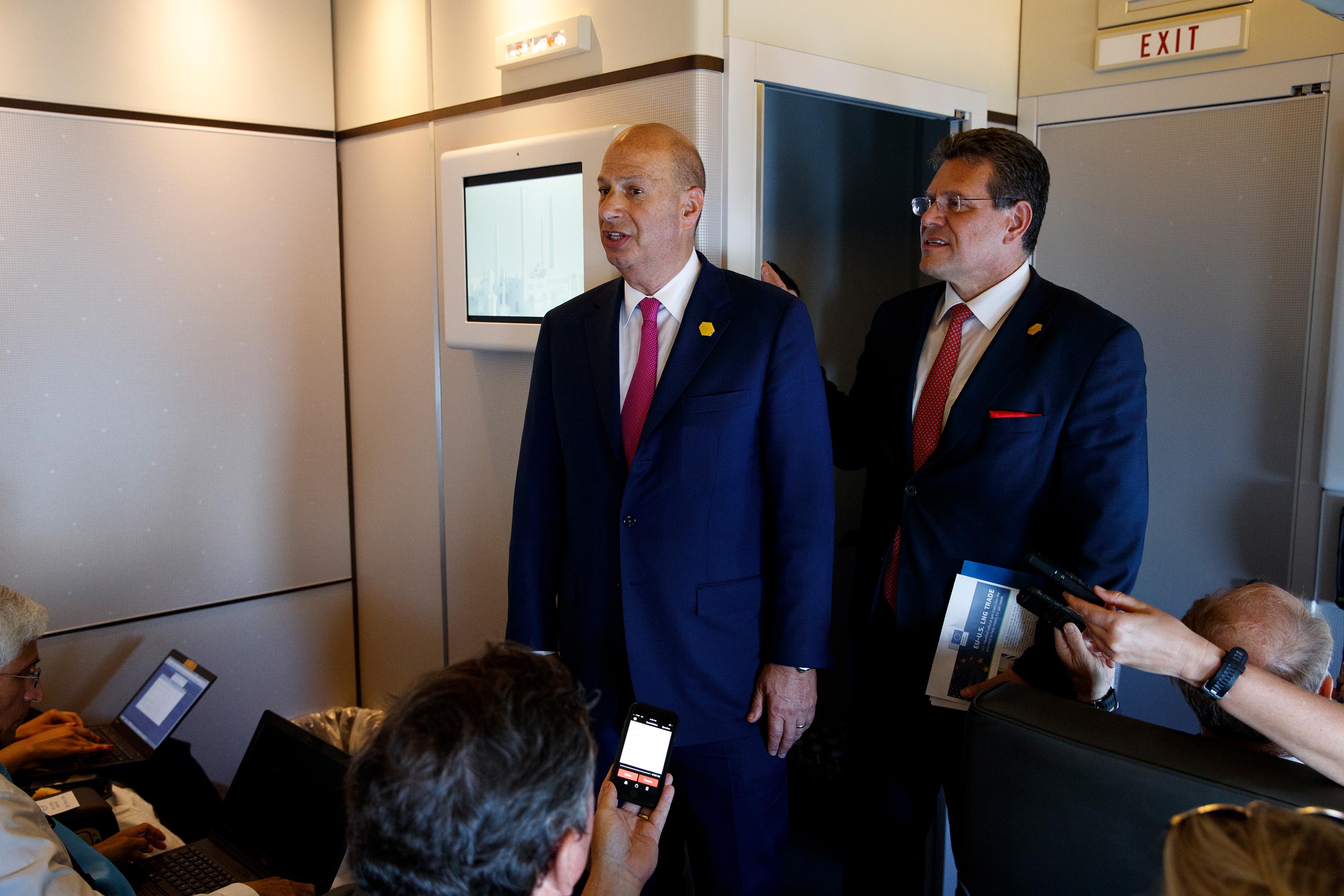 US Ambassador to the European Union Gordon Sondland, left, speaks with reporters aboard Air Force One in May 2019.