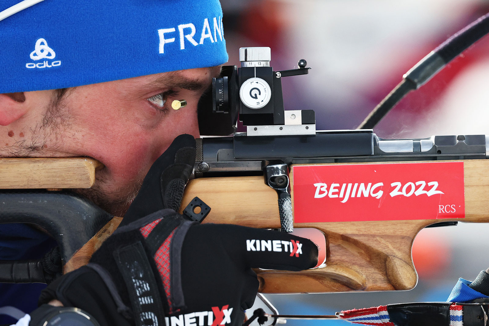 France's Simon Desthieux warms up before the men's biathlon 10km sprint on February 12.