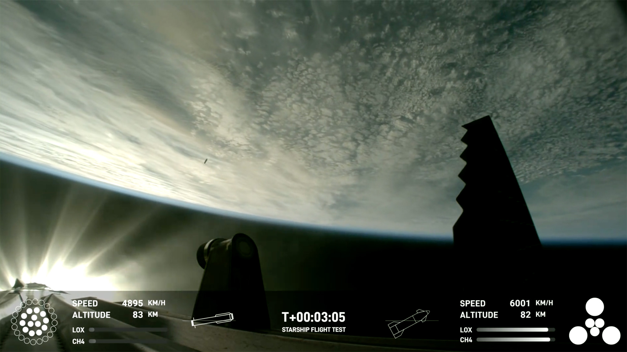 A screenshot from the SpaceX livestream shows Starship after separating from the Super Heavy booster on March 14.