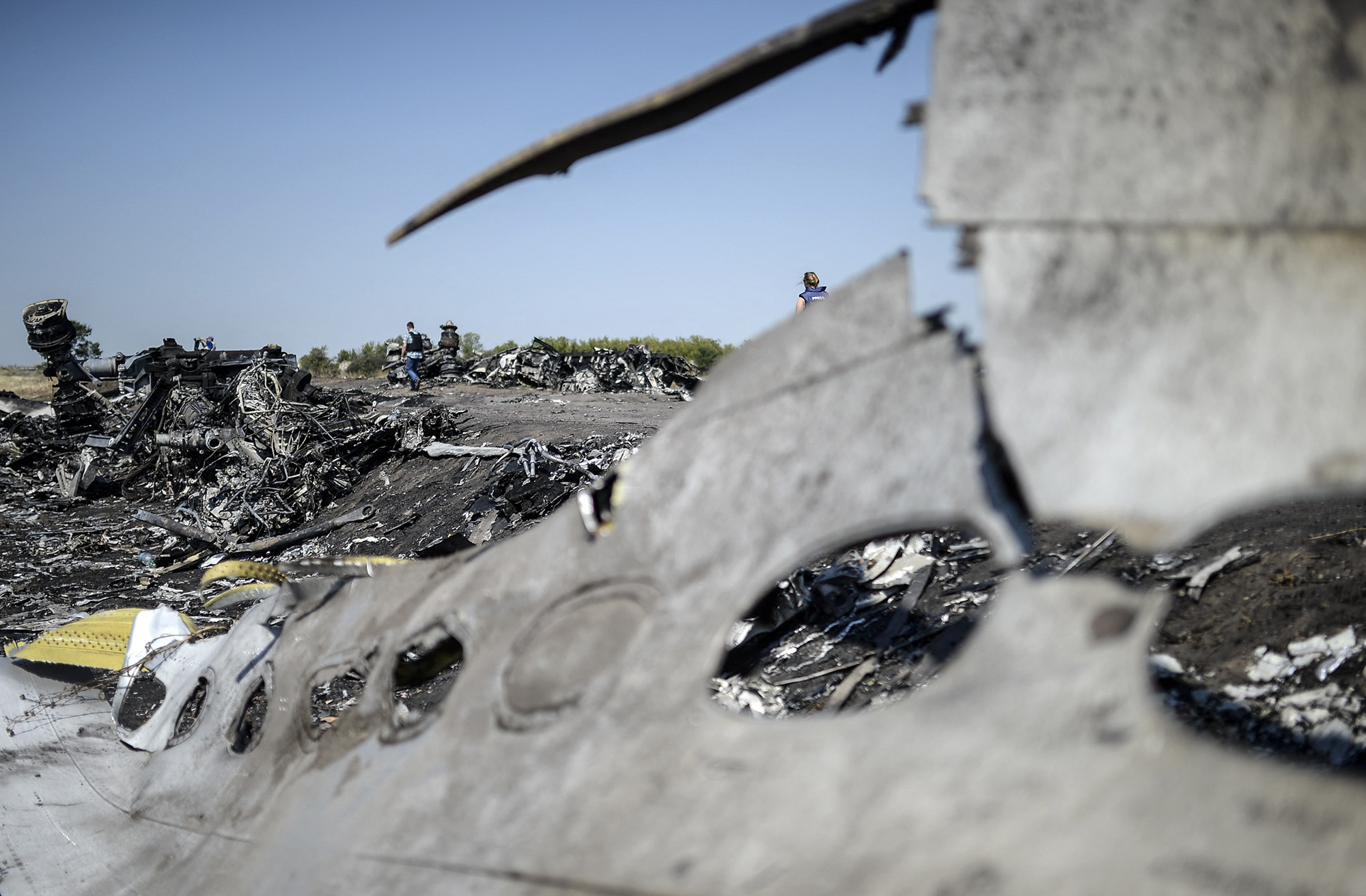 A part of the Malaysia Airlines Flight MH17 at the crash site in the village of Hrabove, some 80km east of Donetsk, Ukraine, on August 2, 2014