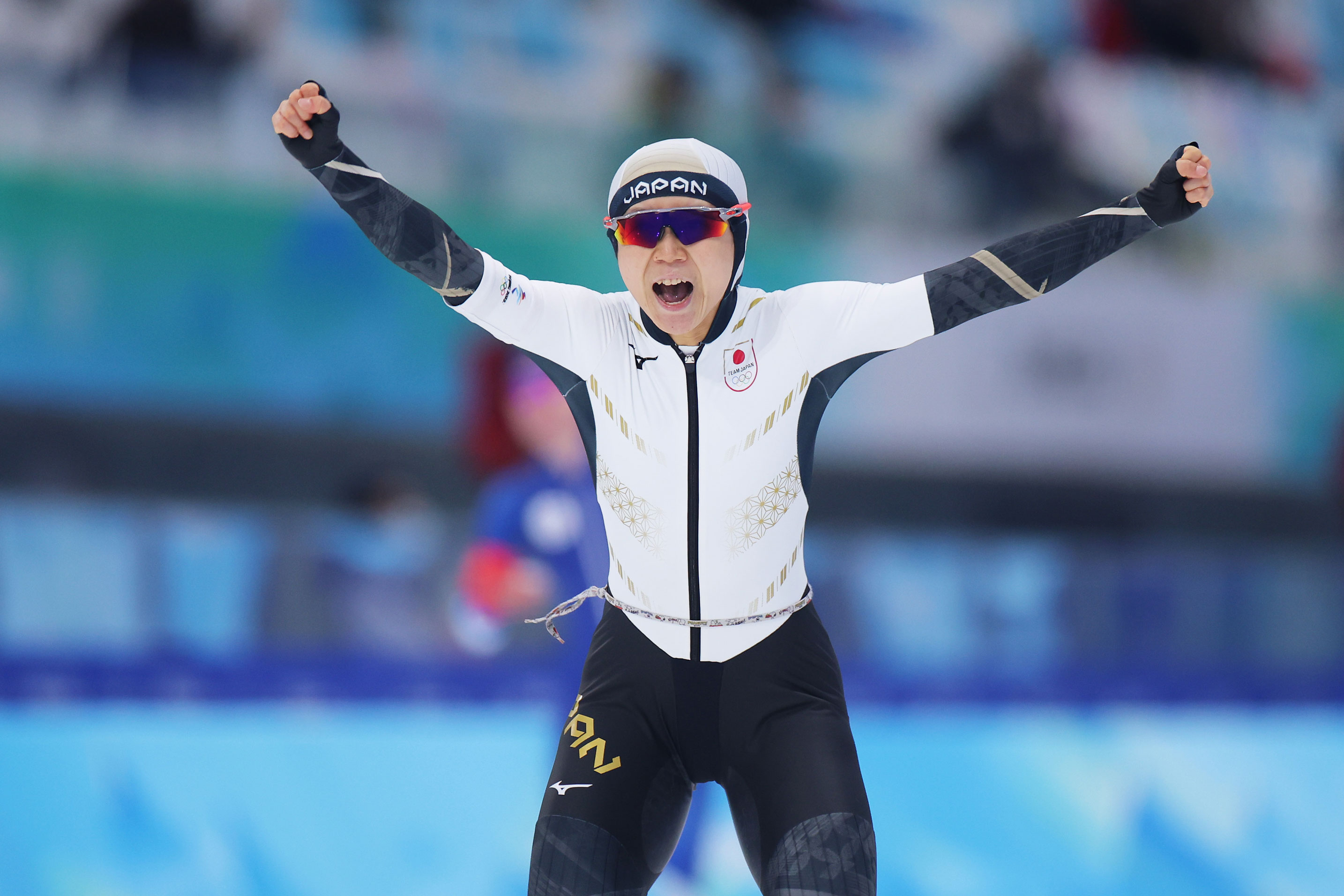 Miho Takagi of Japan celebrates after winning gold during the women's 1,000m on Thursday.