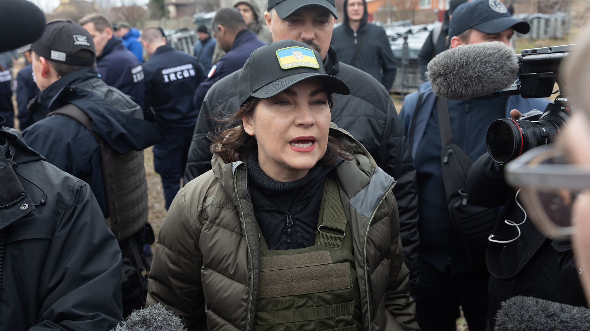 Ukraine's prosecutor general Iryna Venedictova speaks to journalists during an investigation in Bucha, Ukraine on April 12. 