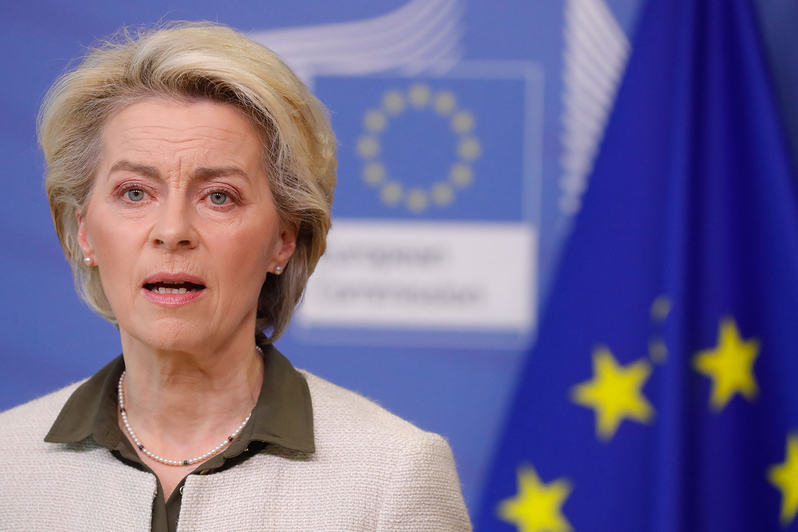 European Commission President Ursula von der Leyen attends a press conference at the European Commission in Brussels on Sunday.