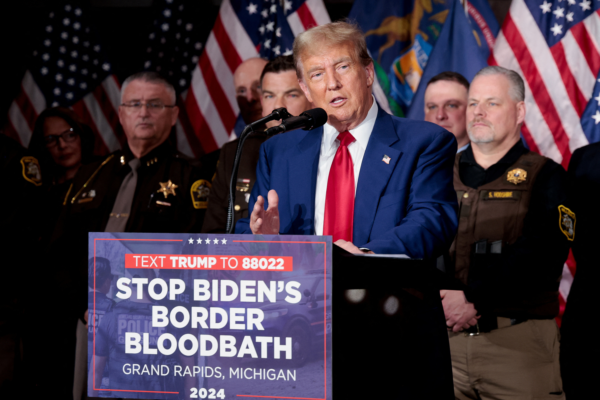 Former President Donald Trump speaks at a campaign rally in Grand Rapids, Michigan, on April 2.