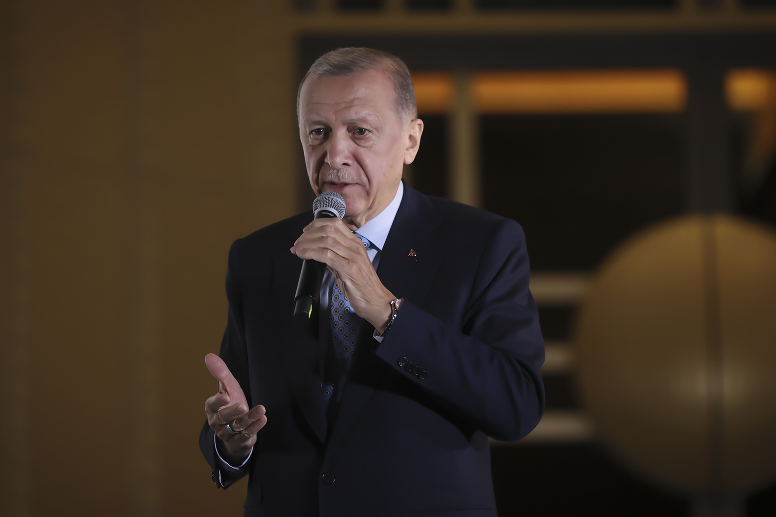 Recep Tayyip Erdogan addresses his supporters at the Presidential Complex to celebrate reelection victory in Ankara, Turkey on May 28.