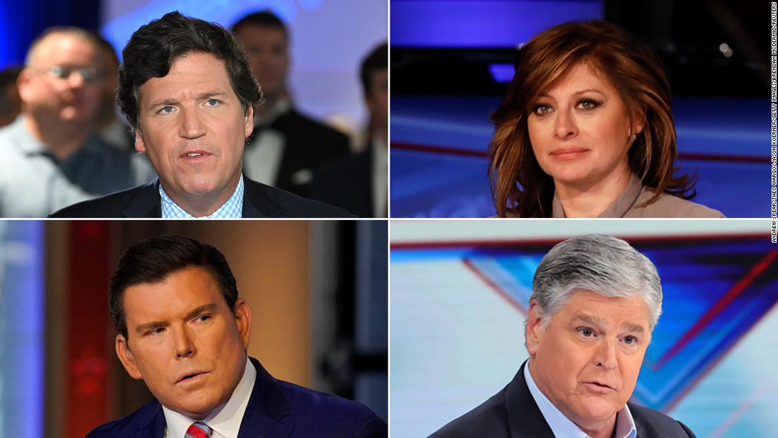 Left to right, clockwise: Fox News TV hosts Tucker Carlson, Maria Bartiromo, Sean Hannity, and Bret Baier.