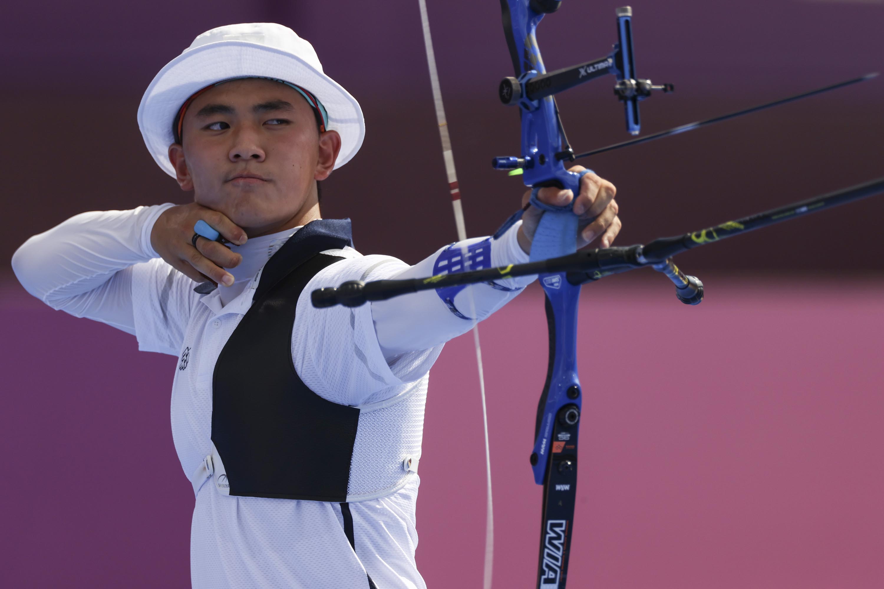 Kim Je Deok of South Korea competes in at Yumenoshima Park Archery Field on July 27, in Tokyo.