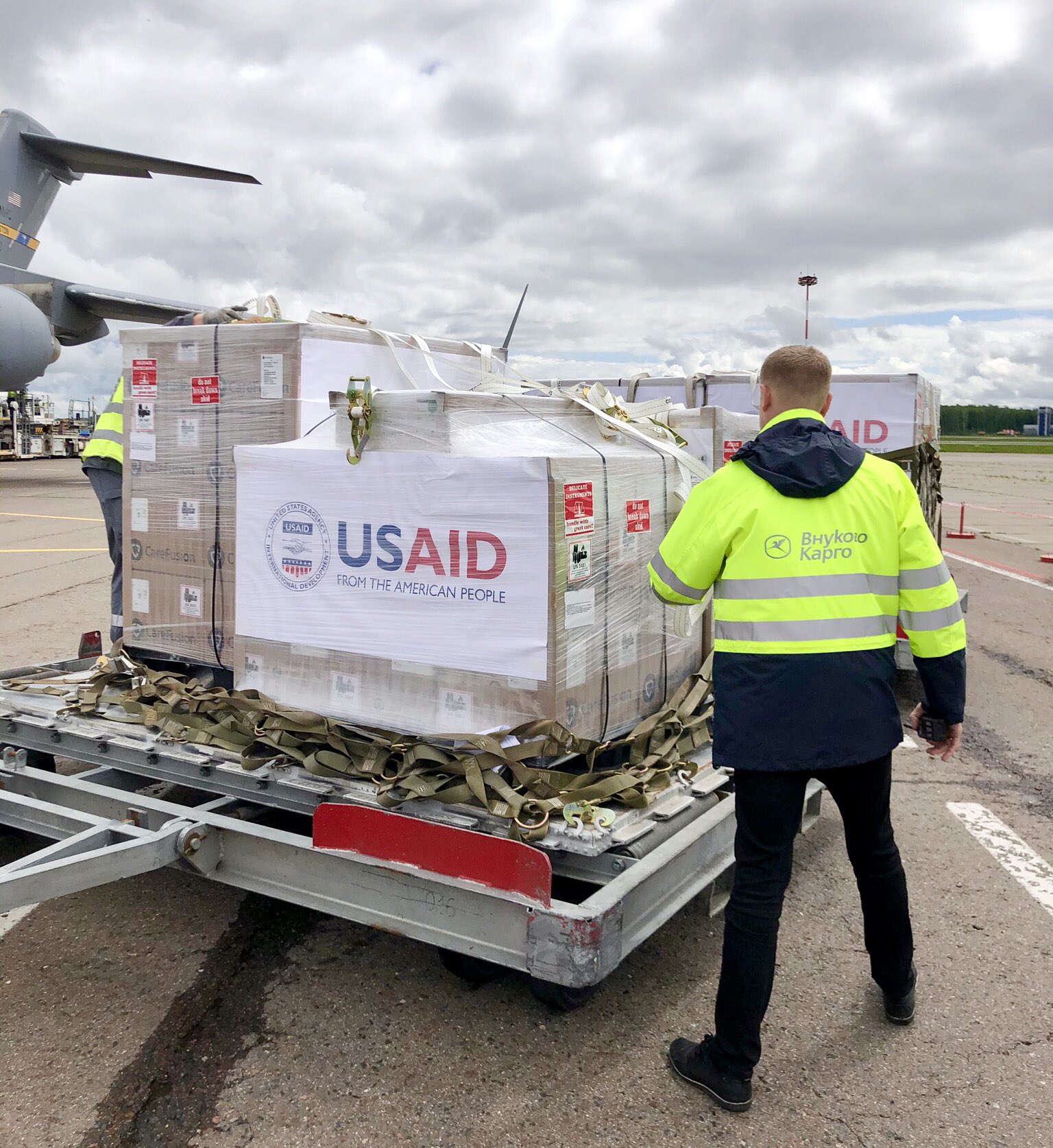 Rebecca Ross, spokesperson at the US Embassy in Moscow, posted this image on Twitter on June 4. It shows a shipment of US-made ventilators arriving in Russia, according to Ross.