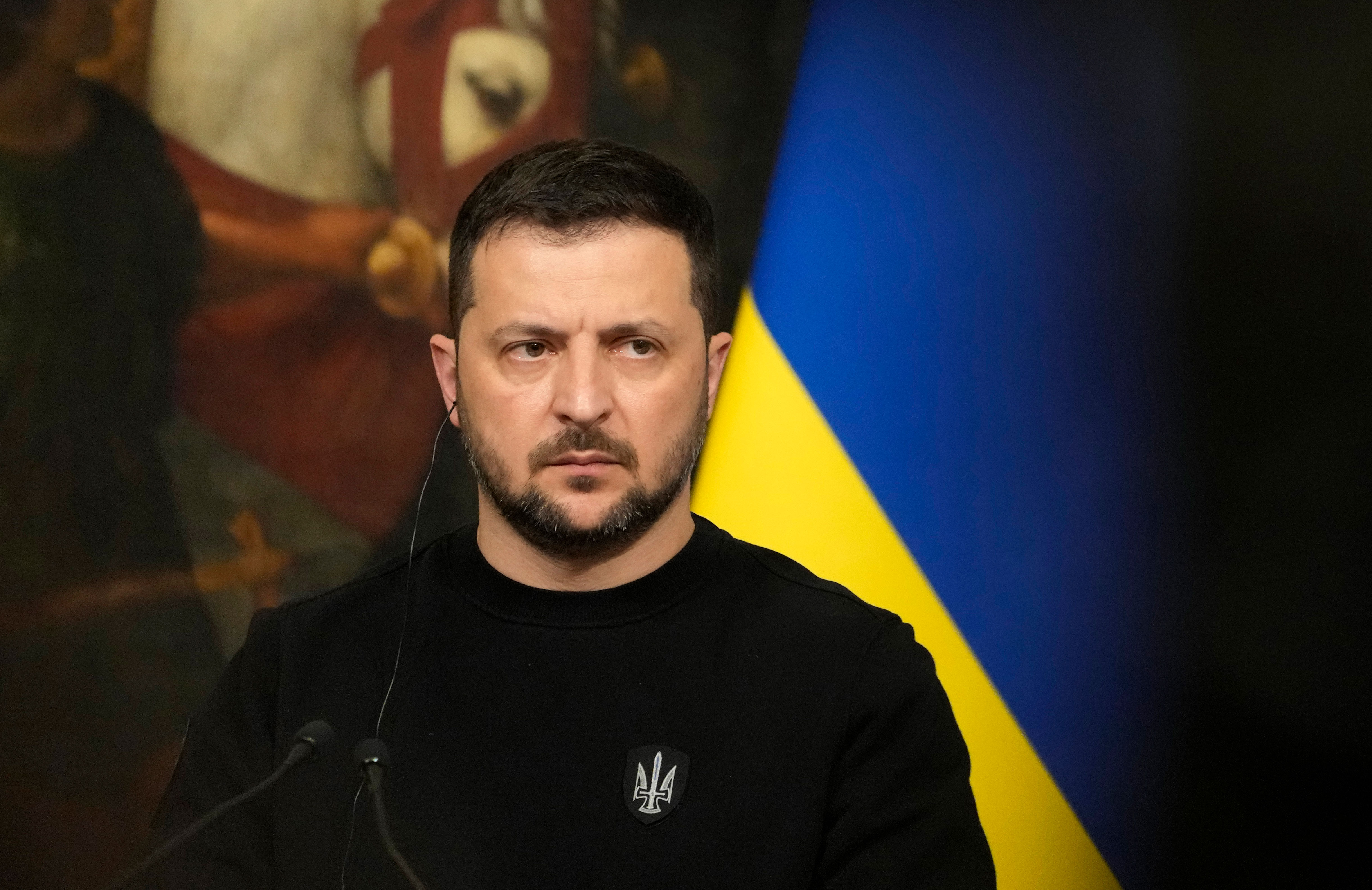 Ukrainian President Volodymyr Zelensky speaks at a press conference following a meeting with Italian Premier Giorgia Meloni at Chigi Palace in Rome on May 13. 