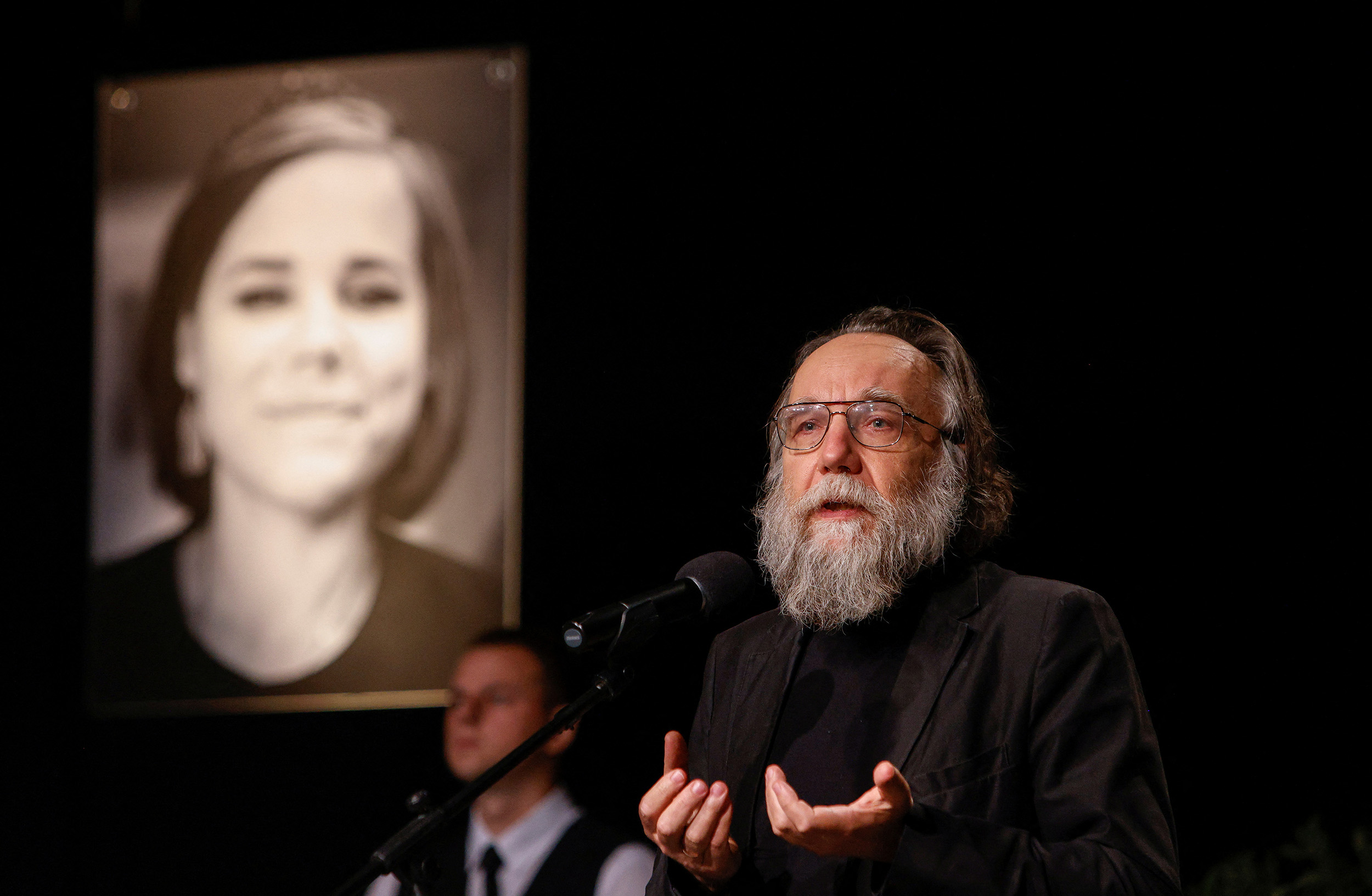 Russian political scientist and ideologue Alexander Dugin delivers a speech during a memorial service for his daughter Darya Dugina, in Moscow, Russia, on August 23.