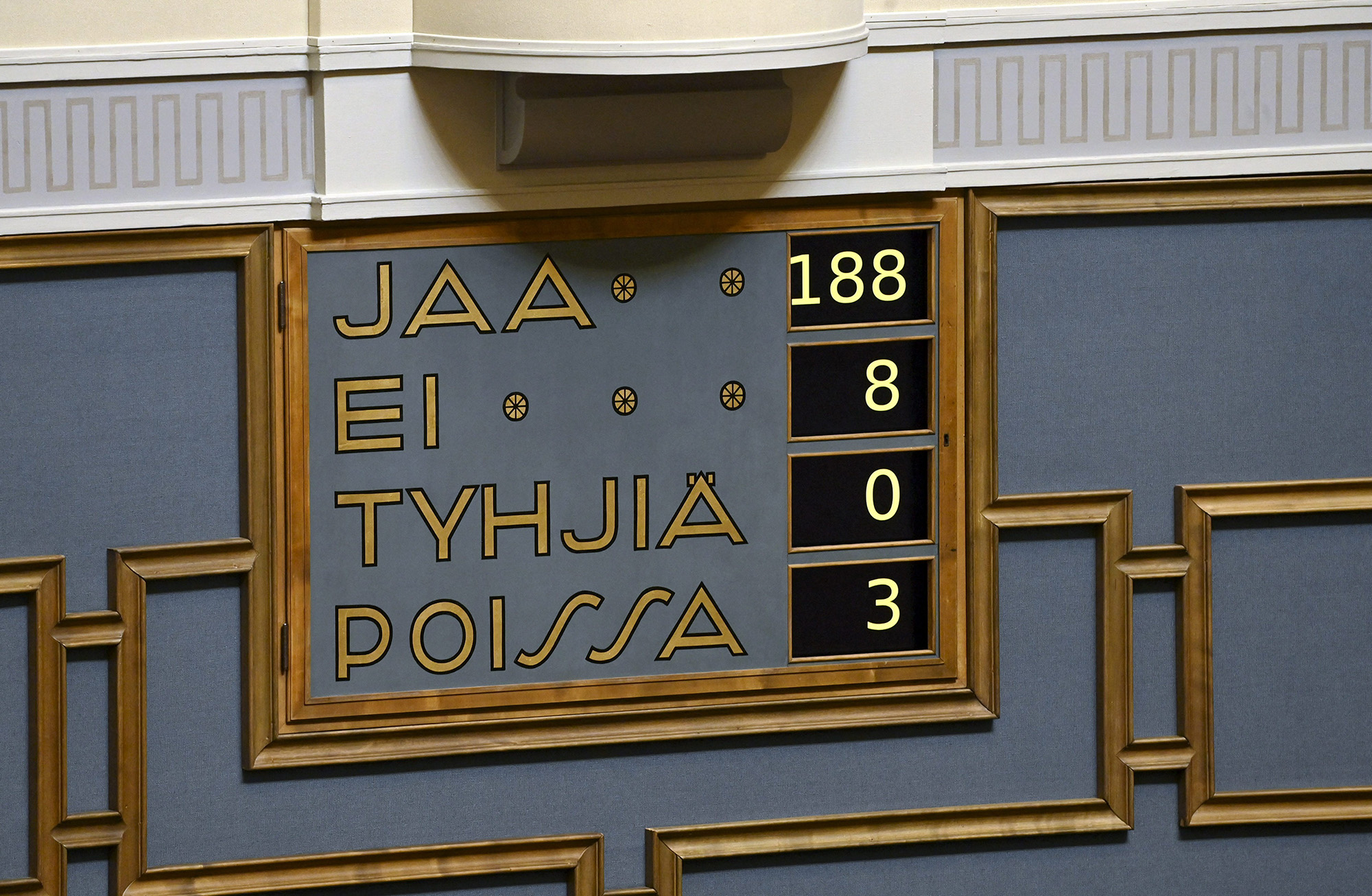 A board shows the results of the vote of the plenary session at the Finnish parliament about the NATO membership bid in Helsinki, Finland, on May 17.
