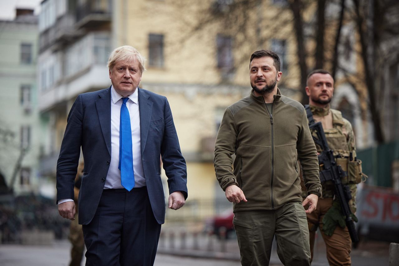 British Prime Minister Boris Johnson, left, meets Ukrainian President Volodymyr Zelensky in Kyiv, Ukraine, on April 9.