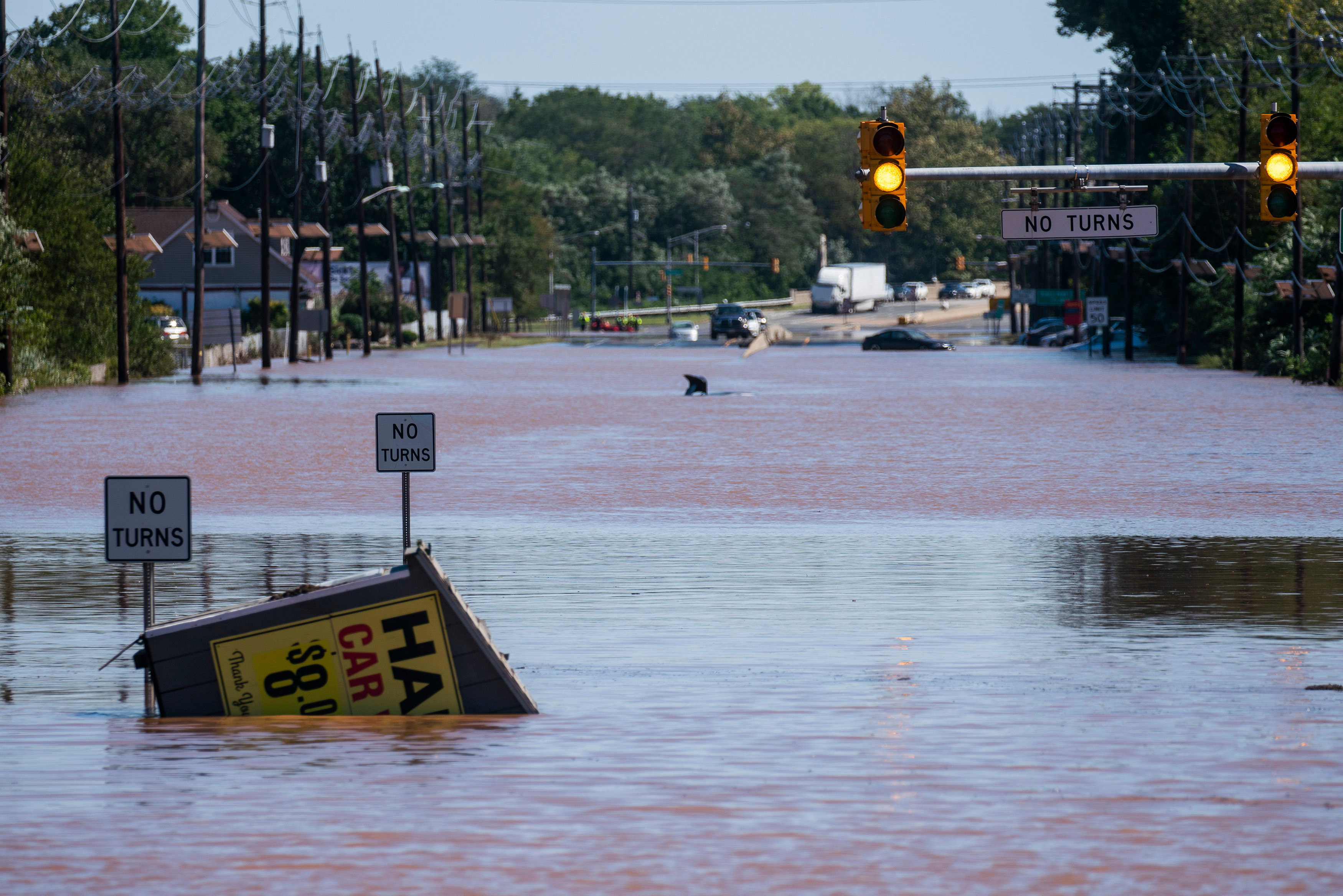 Route 206 stands partially flooded as a result of the remnants of Hurricane Ida in Somerville, New Jersey, on Thursday, September 2.