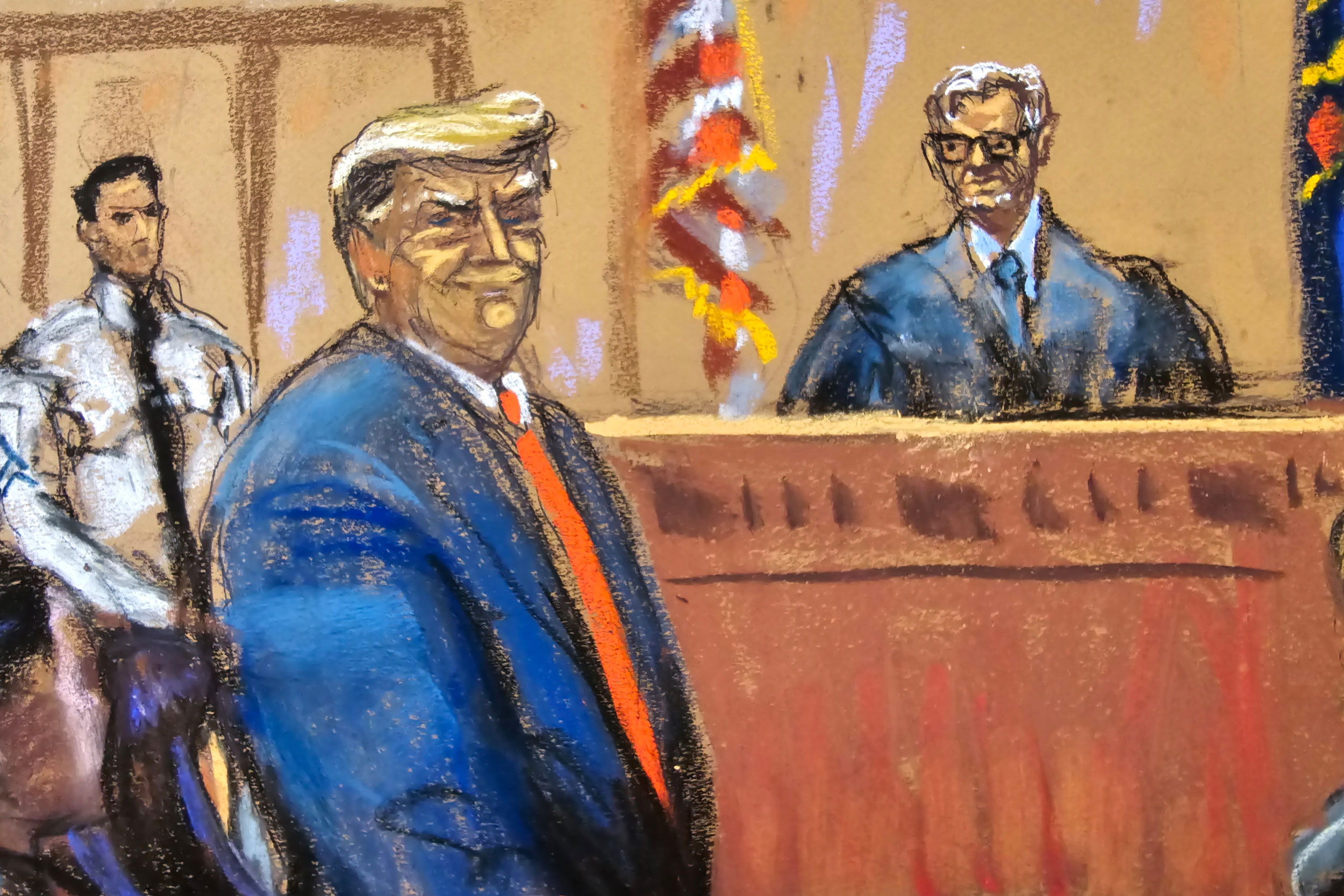 In this court sketch, former President Trump smirks at prospective jurors as he is introduced as the defendant.