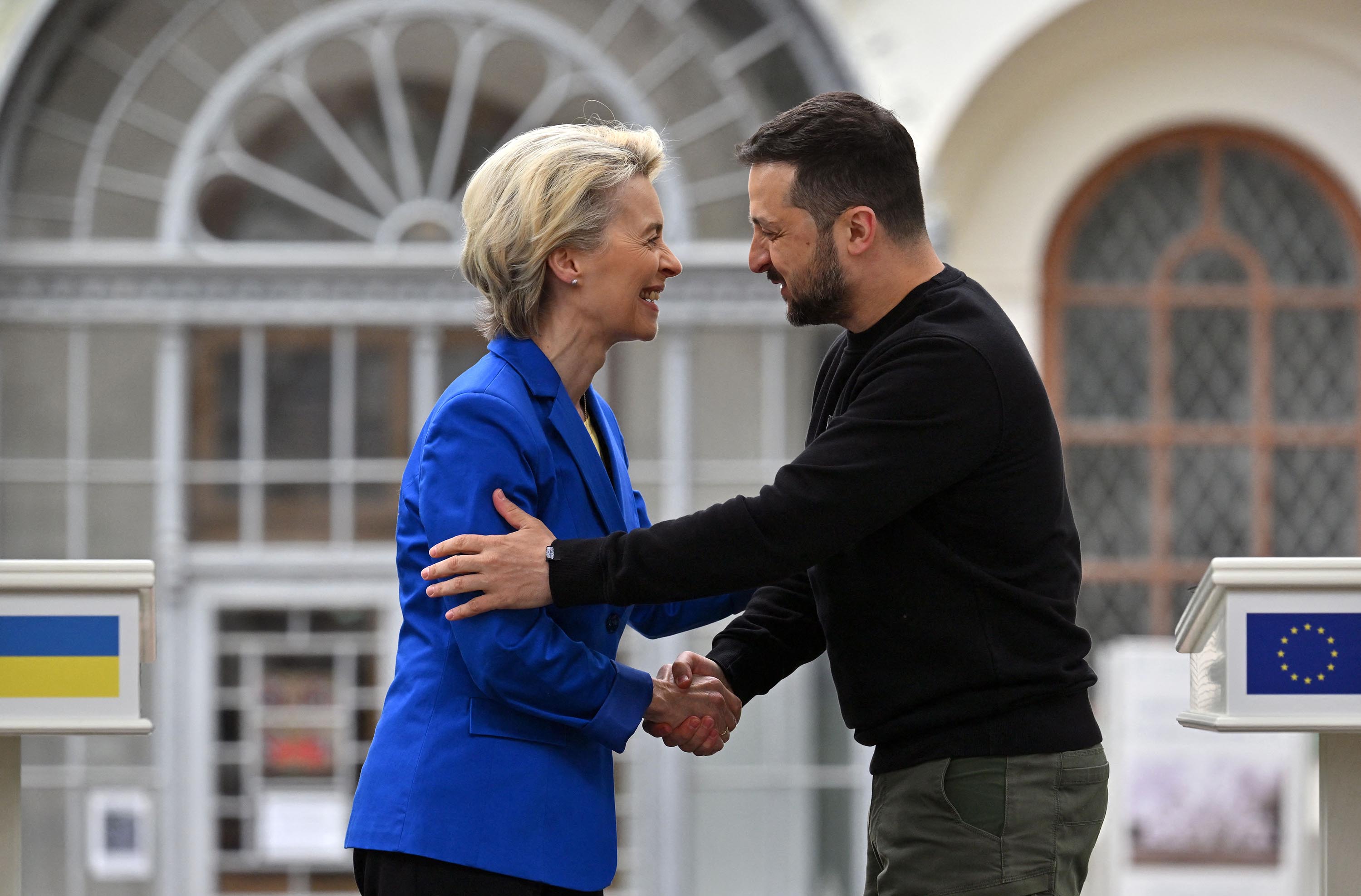 European Commission President Ursula von der Leyen shakes hands with Ukrainian President Volodymyr Zelensky, following their press-conference in Kyiv on May 9. 