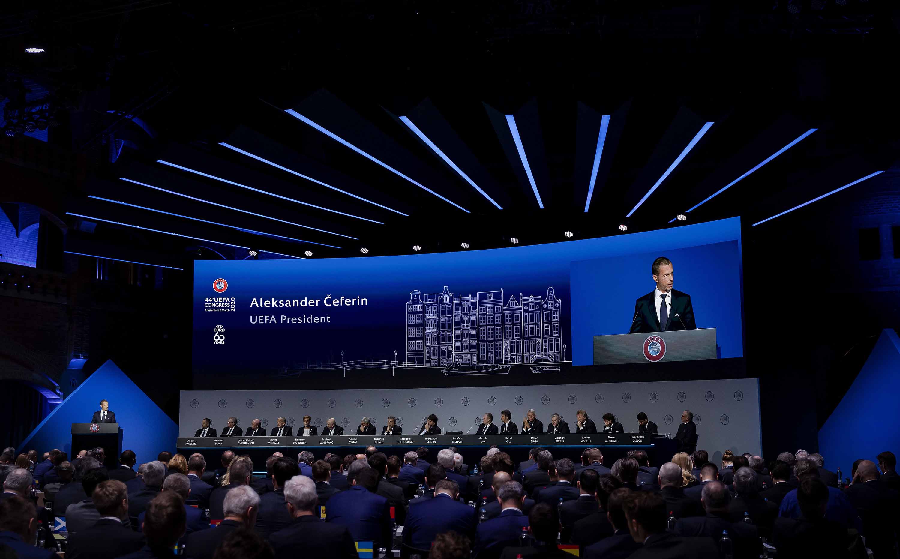 UEFA president Aleksander Ceferin speaks during the 44th Ordinary UEFA Congress in Amsterdam, the Netherlands, on Tuesday.