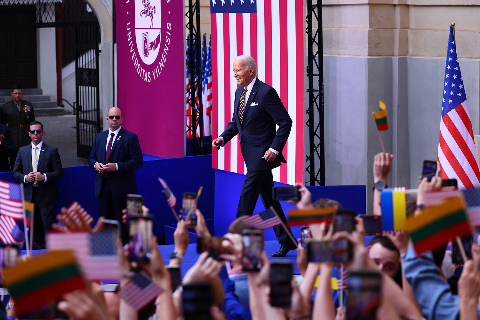 US President Joe Biden appears on stage to deliver a speech at Vilnius University during a NATO leaders summit in Vilnius, Lithuania, on Wednesday. 