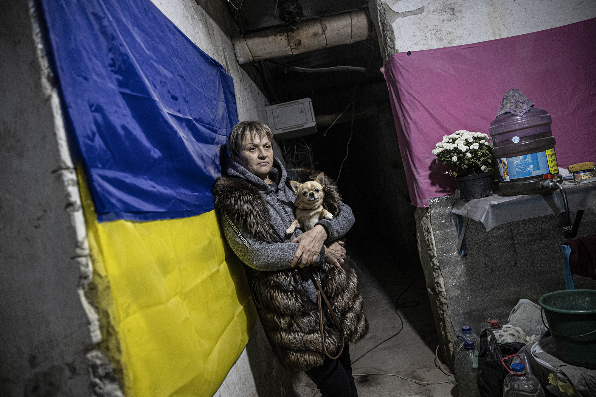 53 year-old Svetlana Lisak is seen with her dog in front of the Ukrainian flag at the shelter under her own house in Stepnohirsk, in Zaporizhzhia Oblast, Ukraine on November 1. People in the region living in towns where natural gas and drinking water services are not provided and electricity is frequently cut off, have been living in shelters under their homes for months for security reasons. 