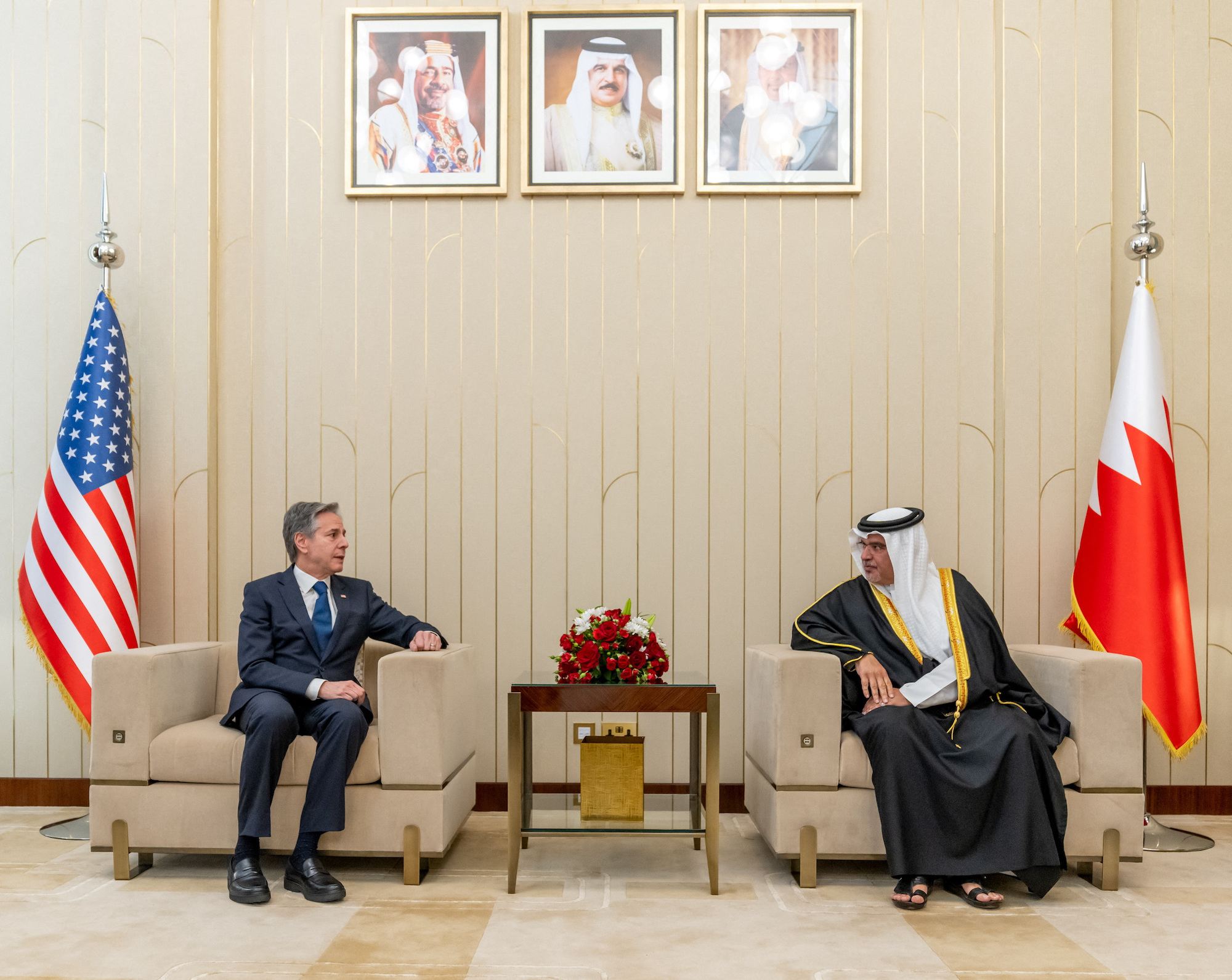 US Secretary of State Antony Blinken meets Bahrain's Crown Prince and Prime Minister, Prince Salman bin Hamad al-Khalifa in Riffa, Bahrain, on March 16.