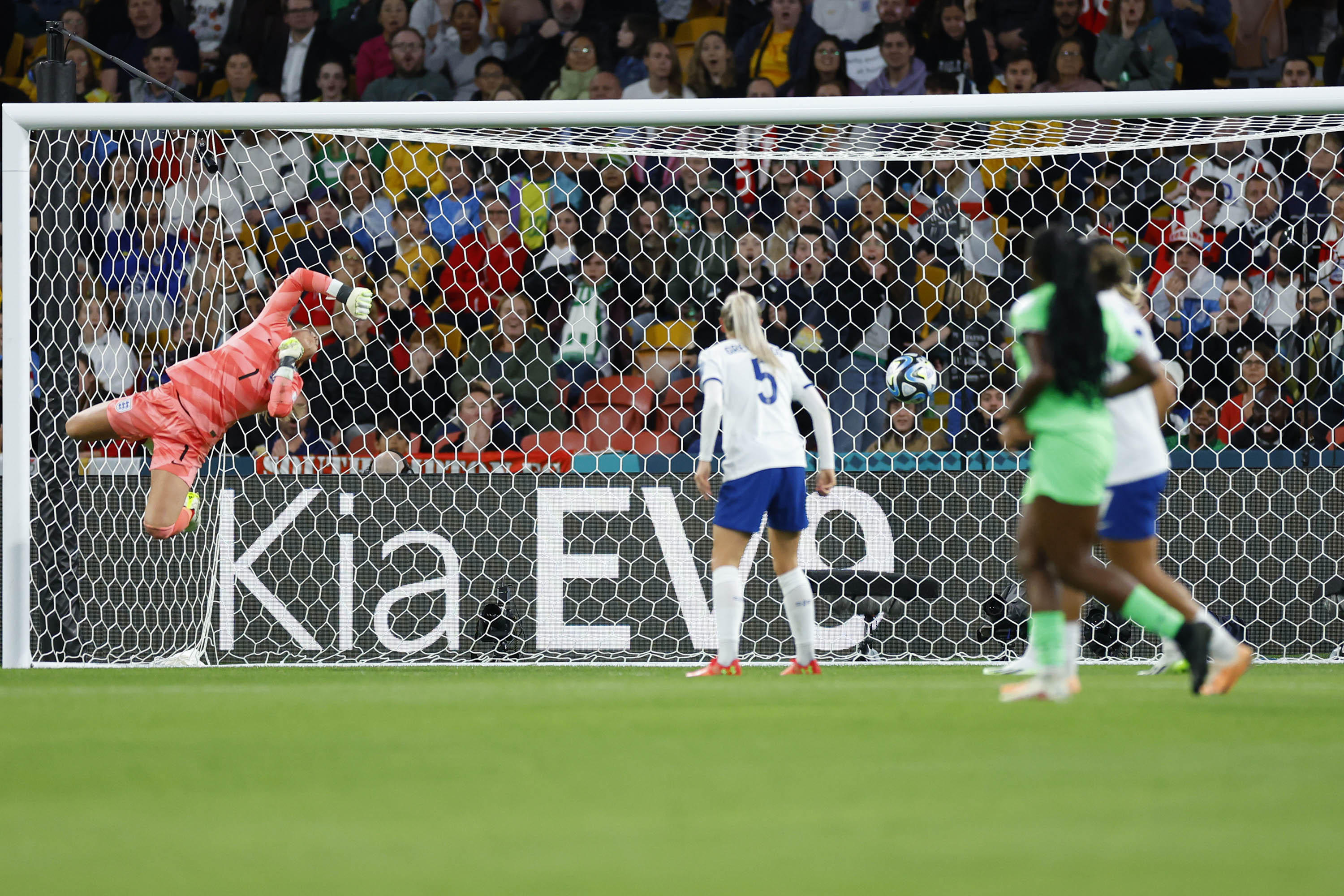 Nigeria's Ashleigh Plumptre hits the crossbar during the match between England and Nigeria in Brisbane, Australia, on August 7. 