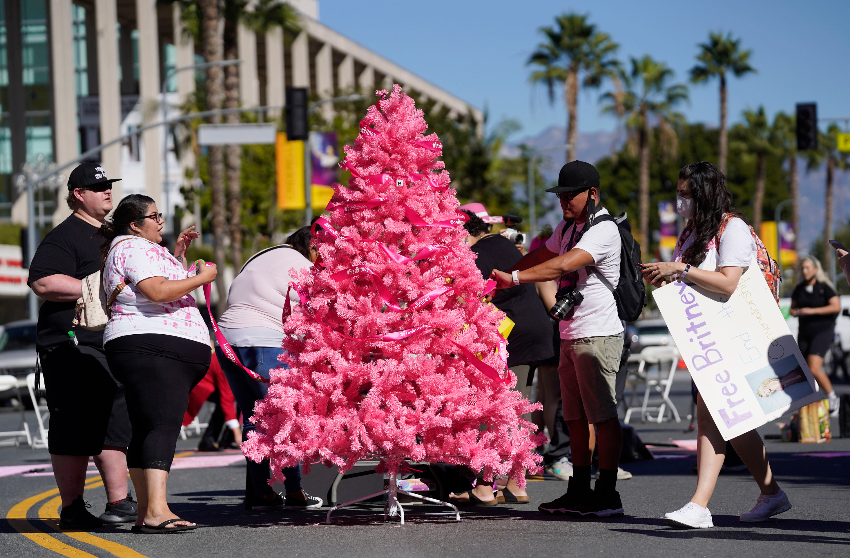 Britney Spears supporters decorate a pink "Free Britney" Christmas tree.