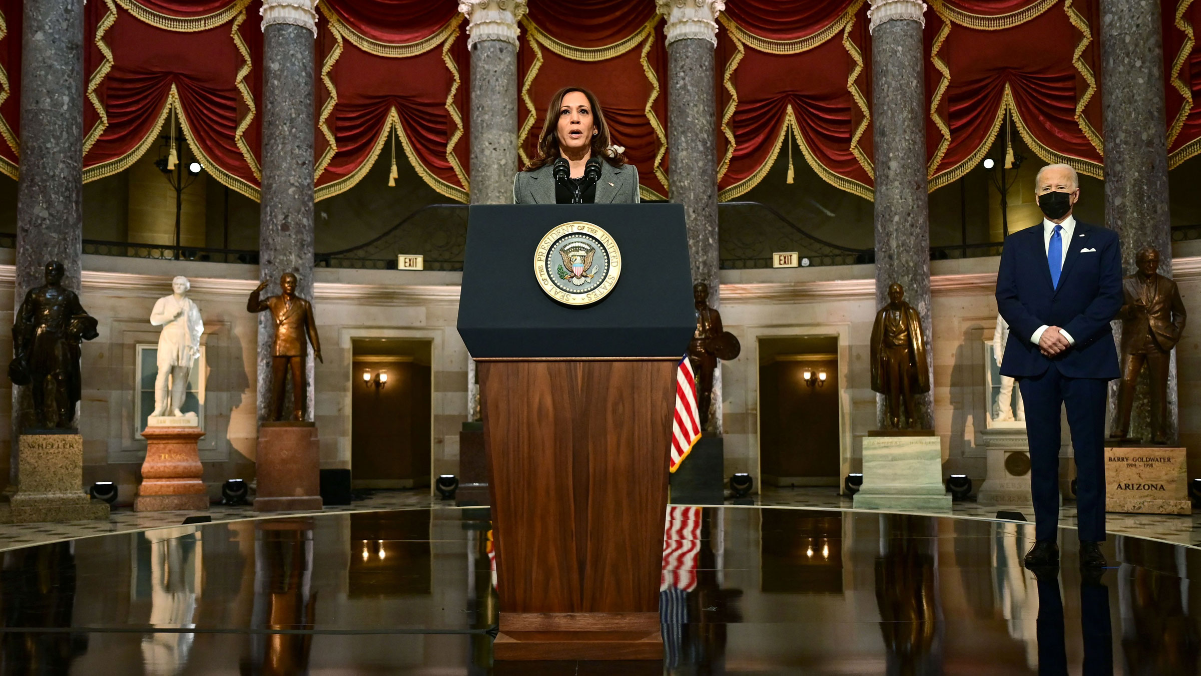 Vice President Kamala Harris, with President Joe Biden, speaks at the US Capitol on Thursday.