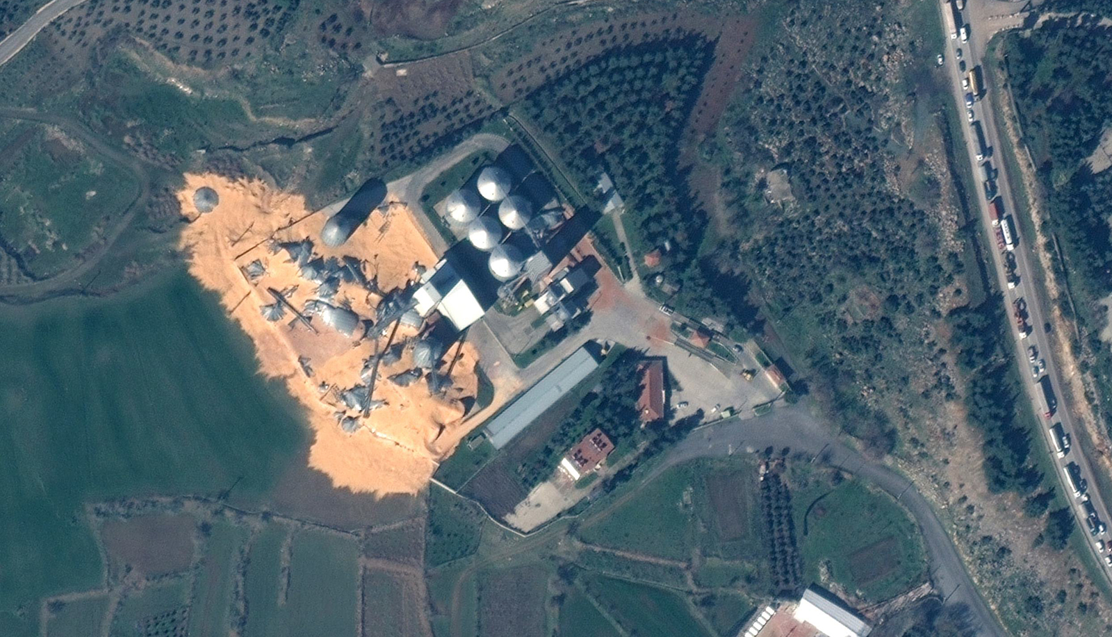 A satellite image shows grain silos destroyed after an earthquake near Nurdağı, Turkey, on February 9.