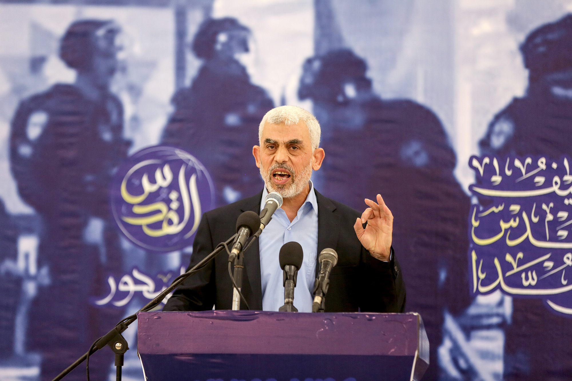 Yahya Sinwar, the political head of Hamas in Gaza, speaks at an event in Gaza on April 30, 2022. 