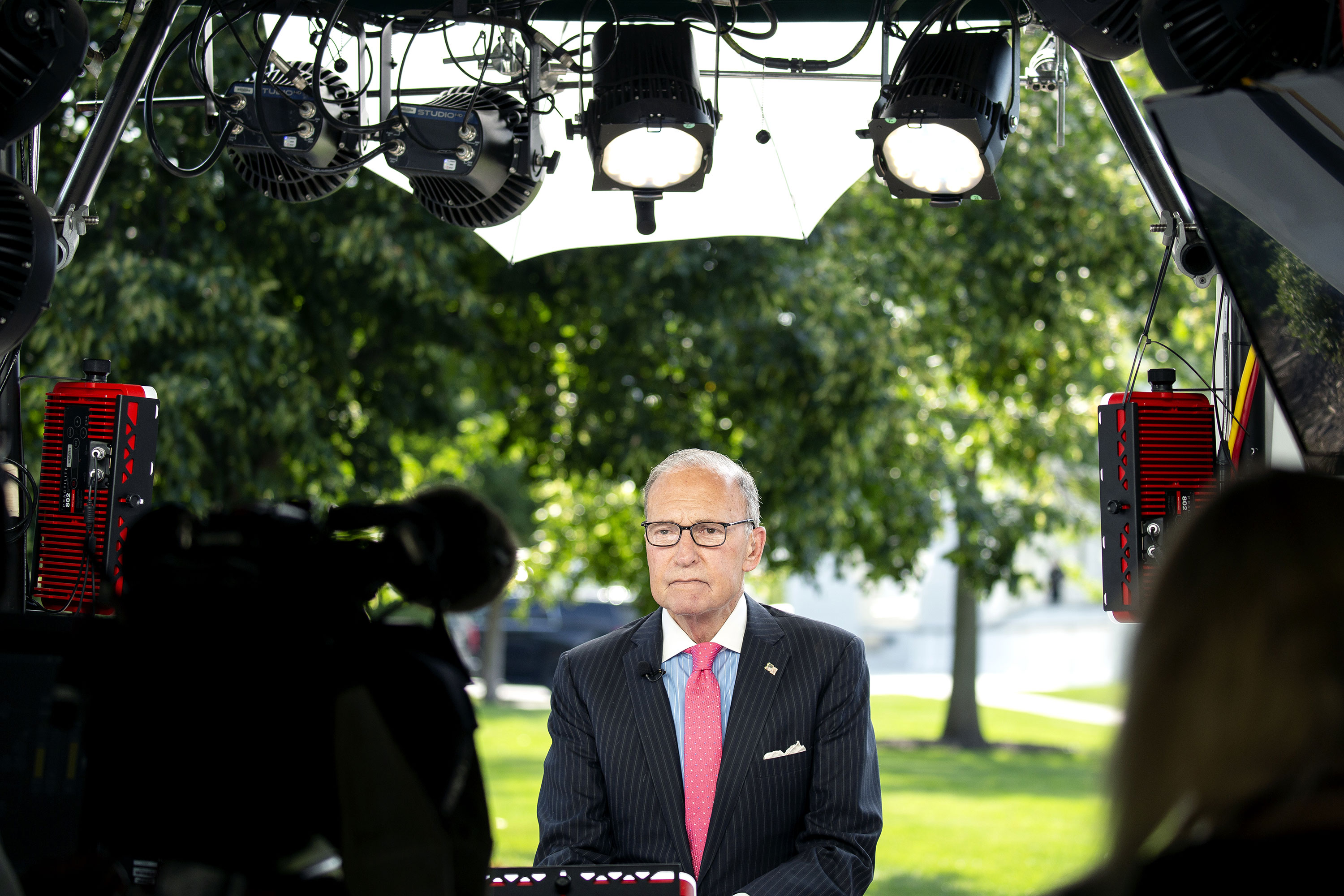 Larry Kudlow during a television interview outside the White House on July 17.