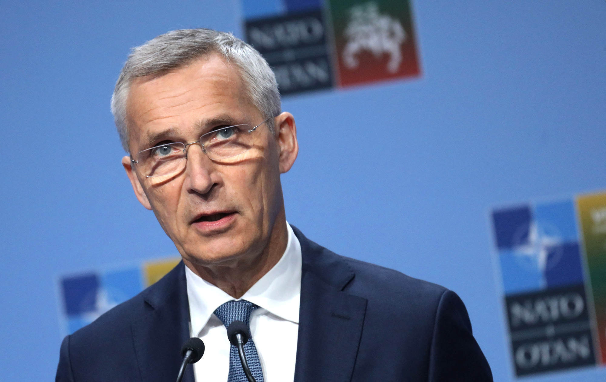 NATO Secretary General Jens Stoltenberg attends a press conference ahead of a NATO Summit in Vilnius, Lithuania, on July 10.