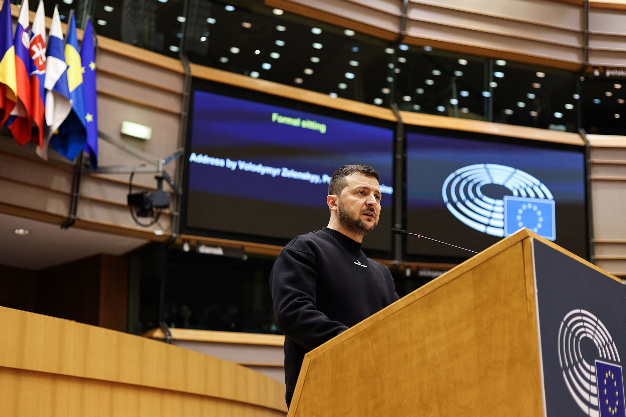 Zelensky delivers a speech at the start of a summit at the EU parliament in Brussels, Belgium, on February 9.