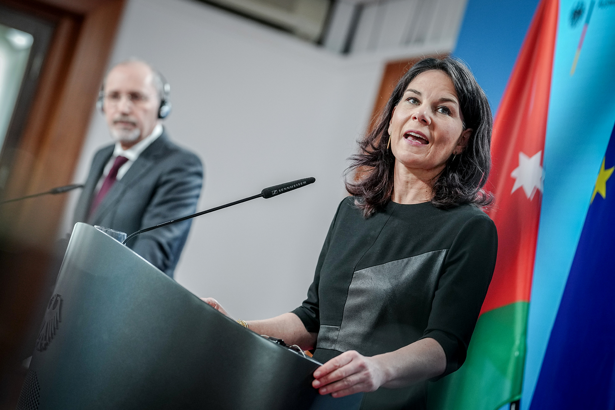 German Foreign Minister Annalena Baerbock and the Foreign Minister of Jordan, Ayman Safadi, give a press conference at the Federal Foreign Office in Berlin, Germany, on April 16.