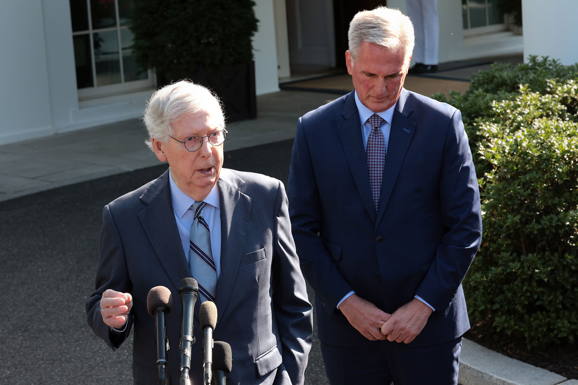 Senate Minority Leader Mitch McConnell and Speaker of the House Kevin McCarthy speak to the media after meeting with President Joe Biden at the White House on May 9, in Washington, DC. 