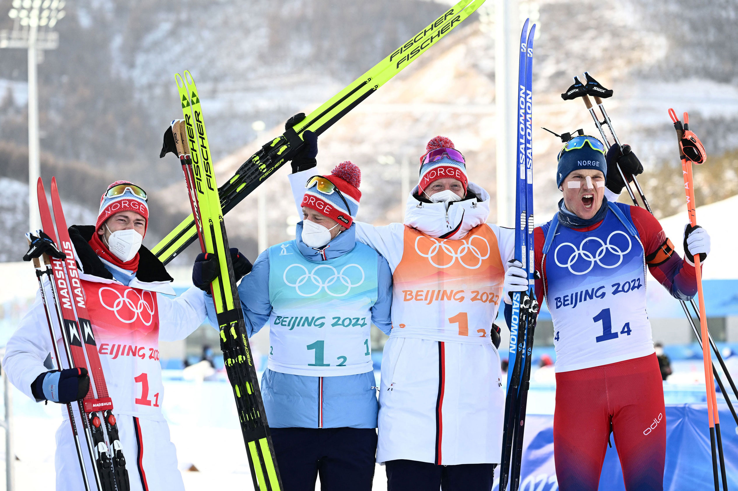 Norway's Sturla Holm Lægreid, Tarjei Boe, Johannes Thingnes Boe and Vetle Sjåstad Christiansen celebrate their gold medal finish at the men’s biathlon 4x7.5km relay on Tuesday.