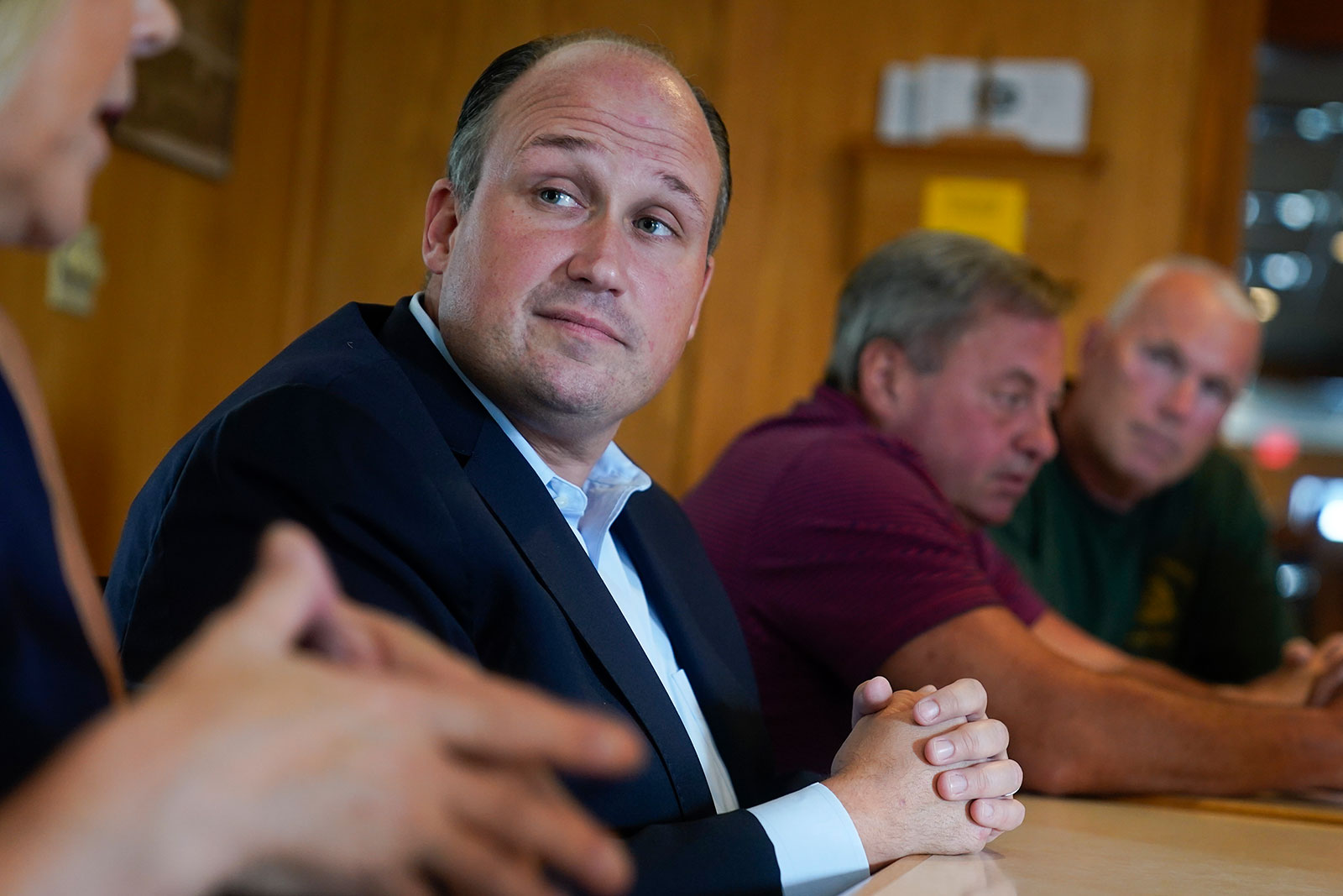 Nick Langworthy listens to supporters during an event in Elmira, New York, on Monday, August 22.