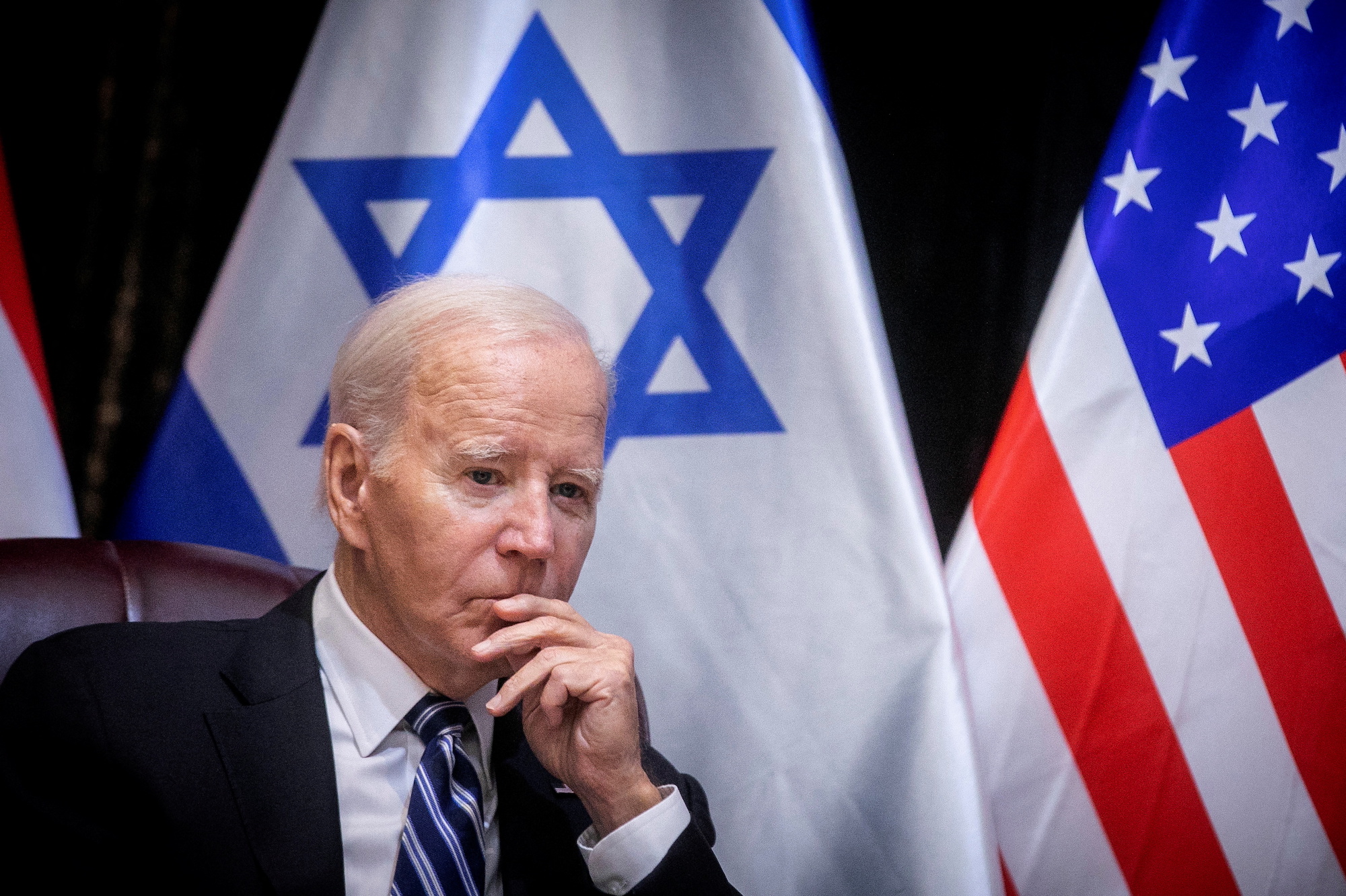 President Joe Biden pauses during a meeting with Israeli Prime Minister Benjamin Netanyahu in Tel Aviv on October 18.