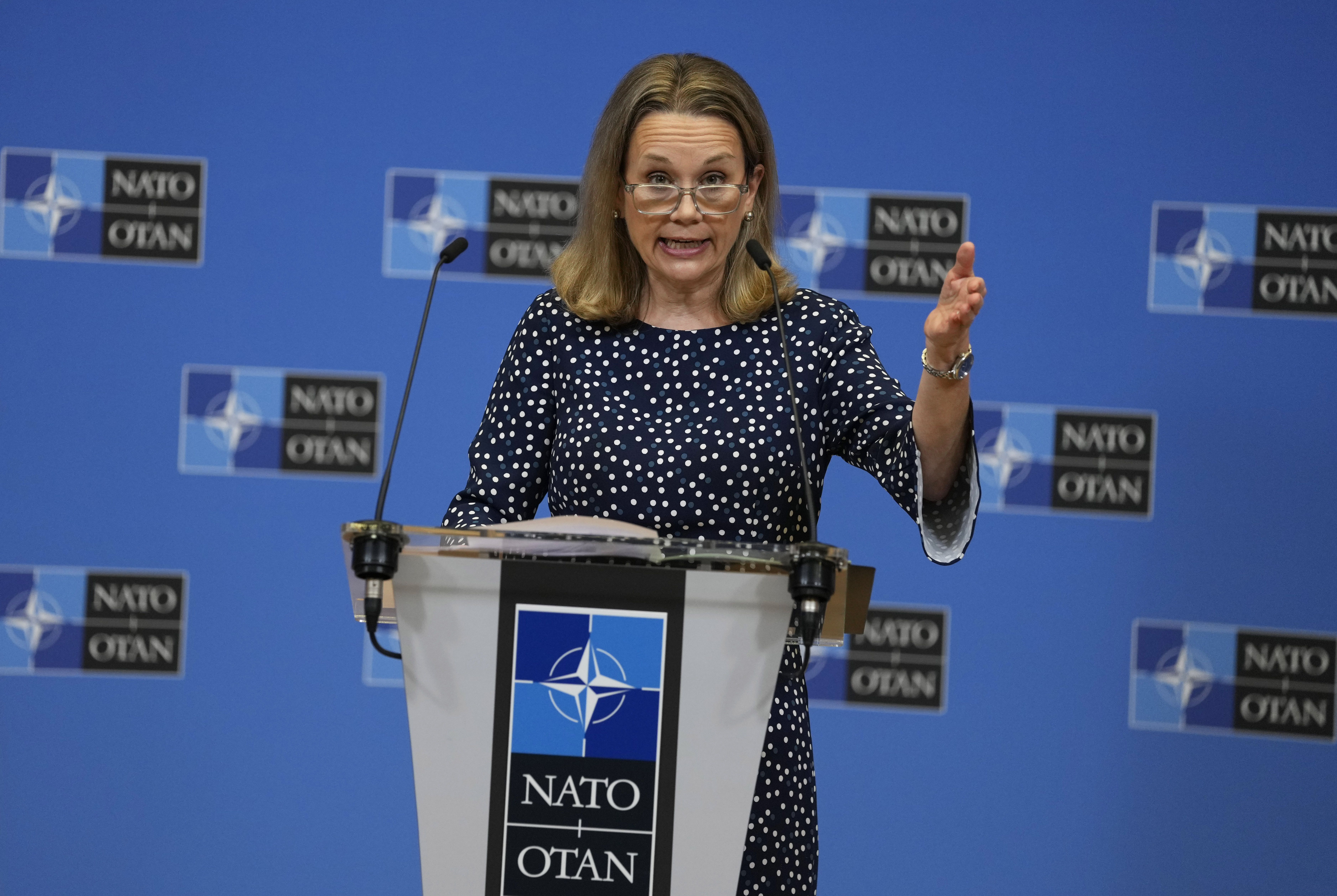 United States Ambassador to NATO Julianne Smith speaks during a media conference at NATO headquarters in Brussels, Belgium, on February 15.