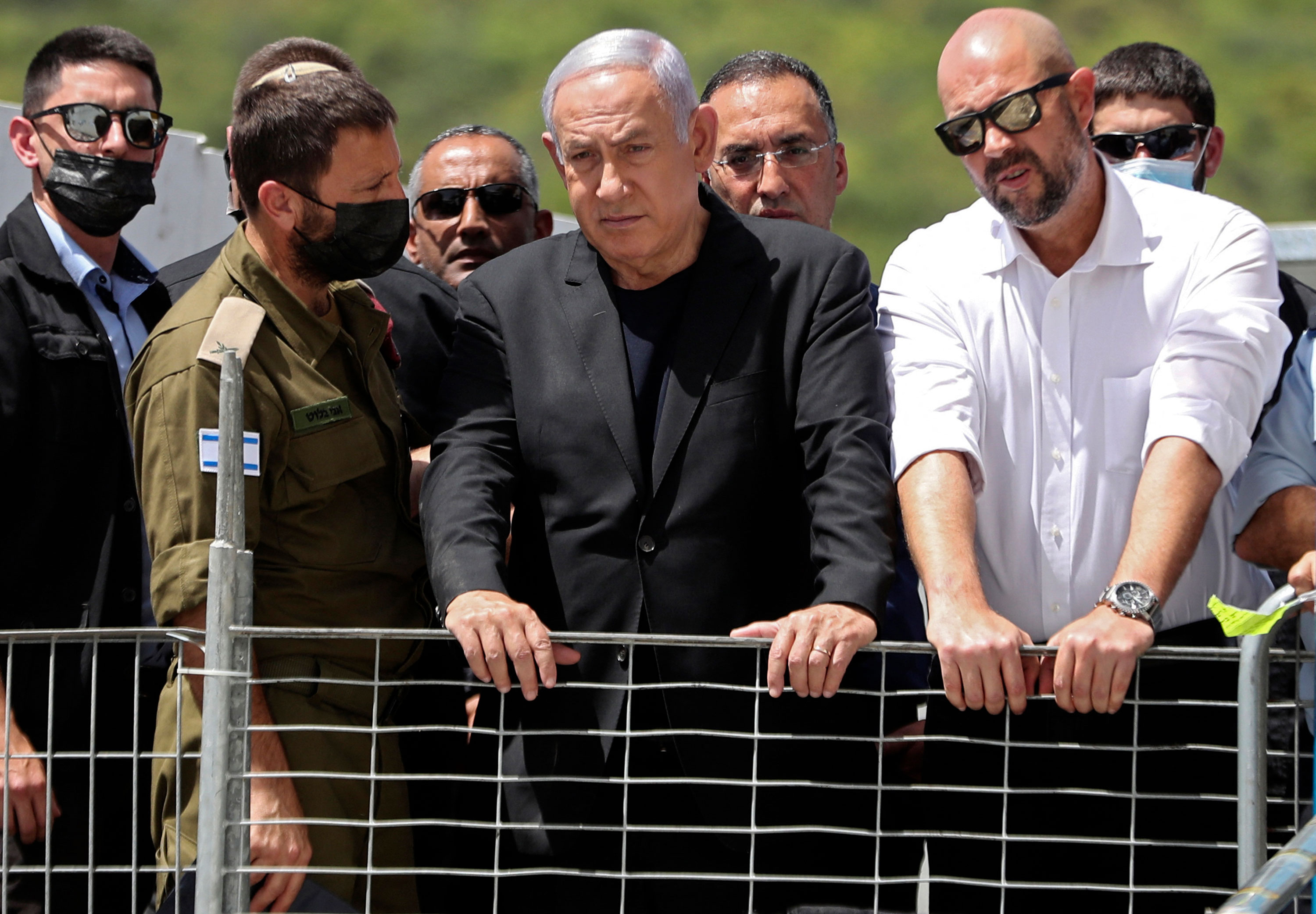 Israeli Prime Minister Benjamin Netanyahu, center, visits the site of the Lag B'Omer festival in Meron, Israel, on April 30.