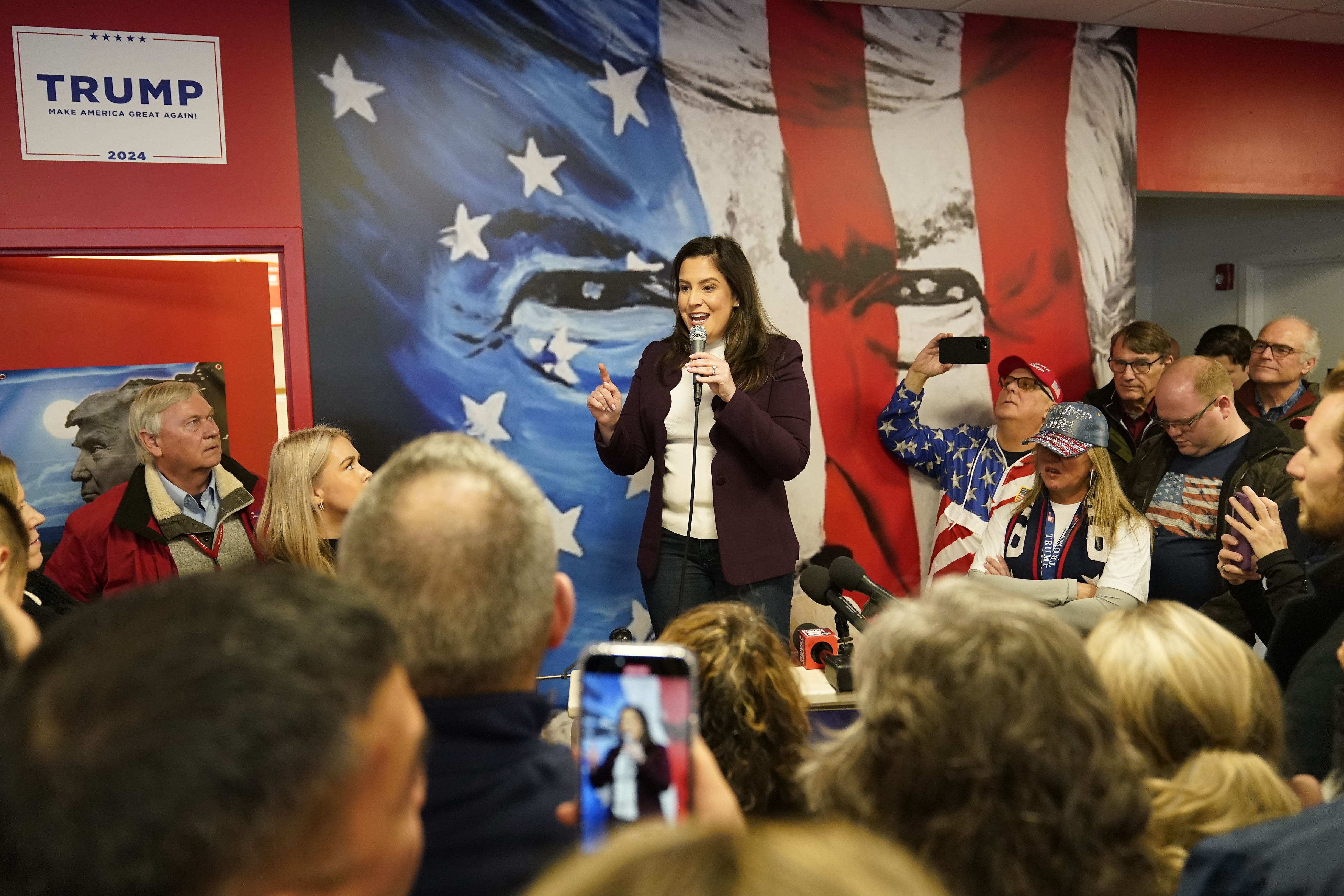 New York Rep. Elise Stefanik speaks at former President Donald Trump's New Hampshire team headquarters in Manchester on January 20.