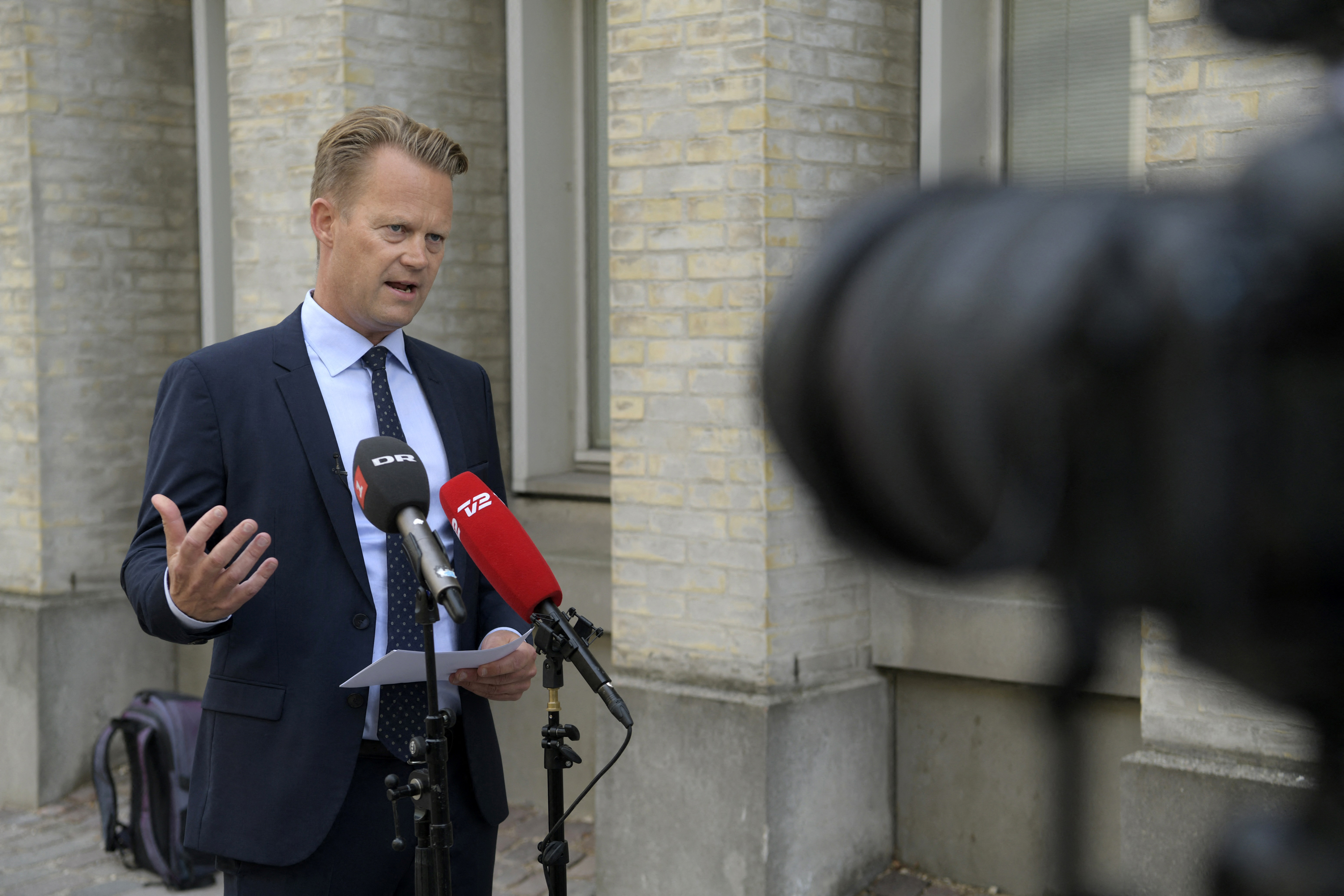 Denmark's Foreign Minister Jeppe Kofod addresses the press in Copenhagen on Friday, August 13, to inform that the Danish embassy in Kabul will evacuate its staff.