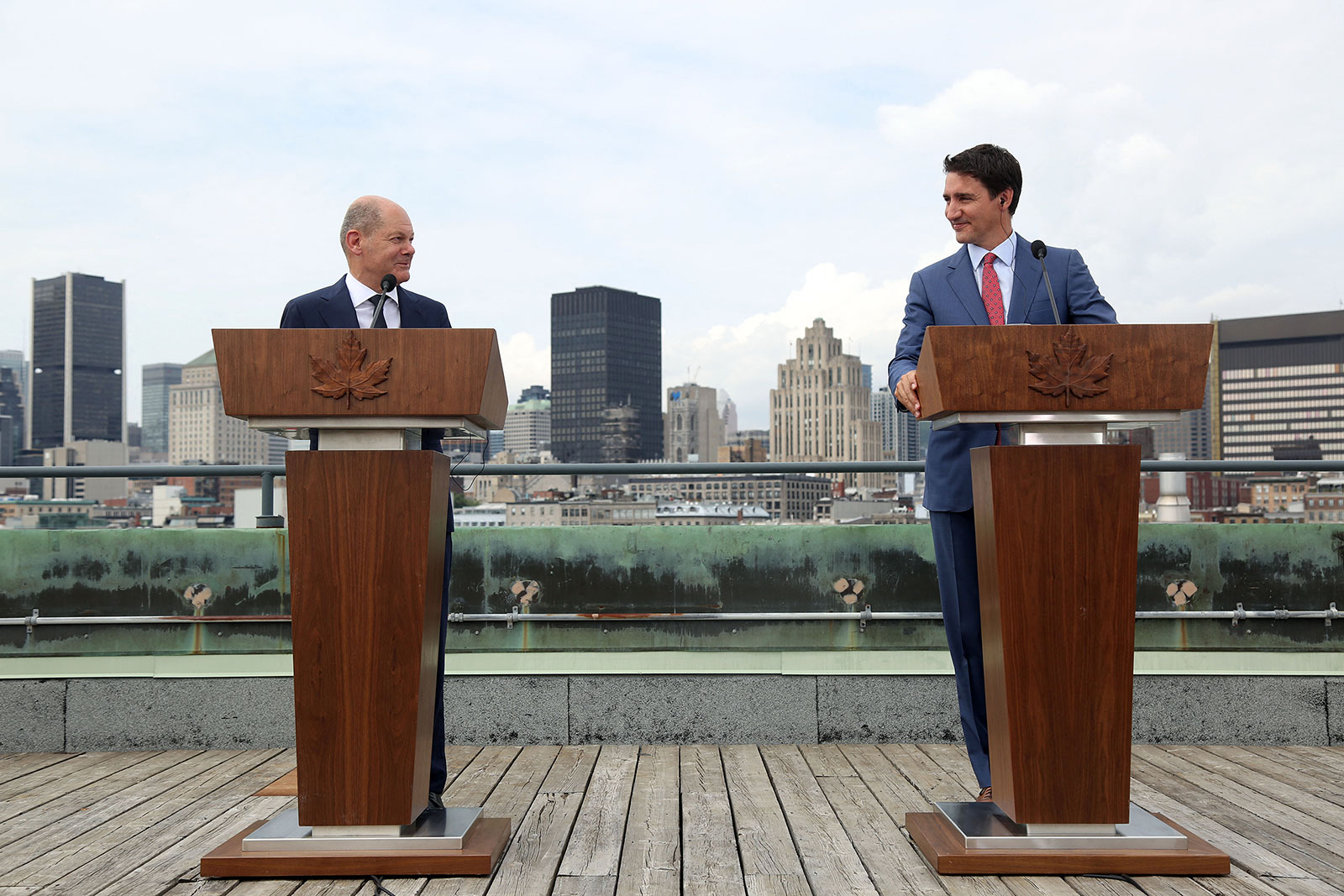 Canada's Prime Minister Justin Trudeau, right, and German Chancellor Olaf Scholz participate in a news conference in Montreal, Quebec, Canada, on August 22.