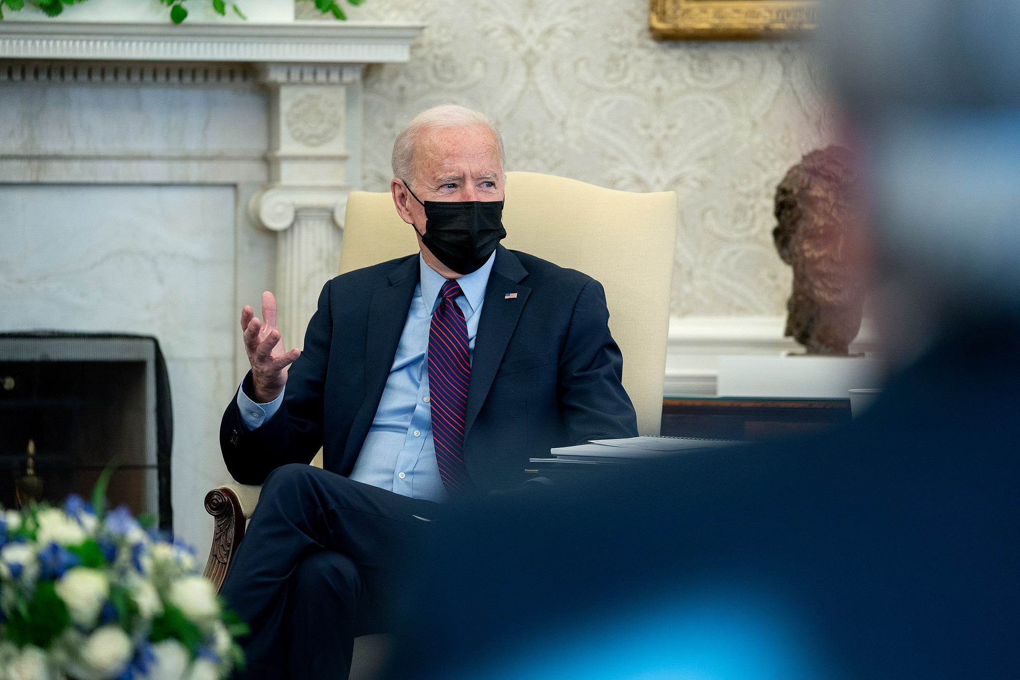 President Joe Biden talks with House Democratic leaders and committee chairs in the Oval Office at the White House February 5 in Washington, DC. 