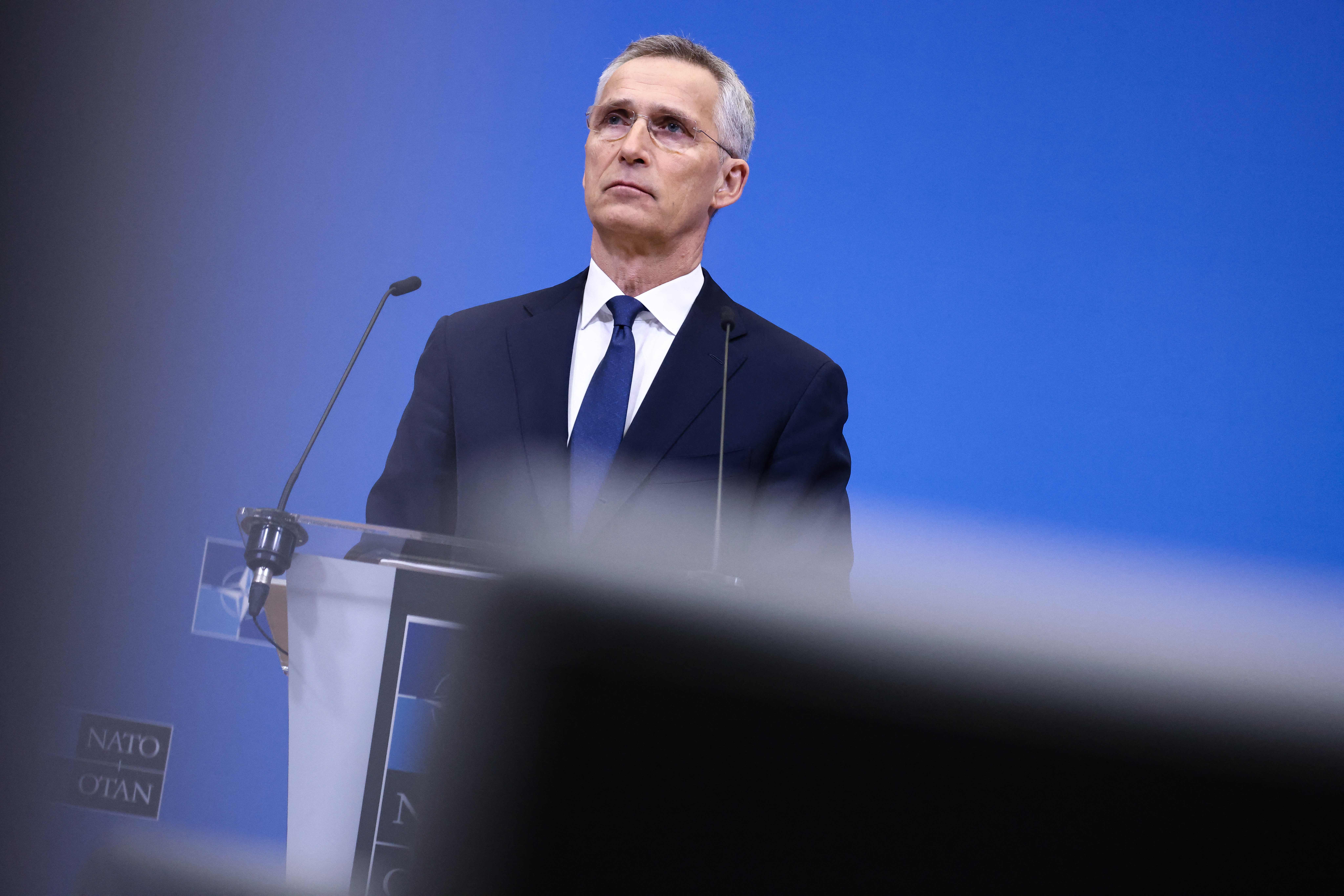 NATO General Secretary Jens Stoltenberg speaks during a press conference to present North Atlantic Treaty Organization (NATO)'s Annual Report for 2021 at the NATO headquarters in Brussels, Belgium, on March 31, 