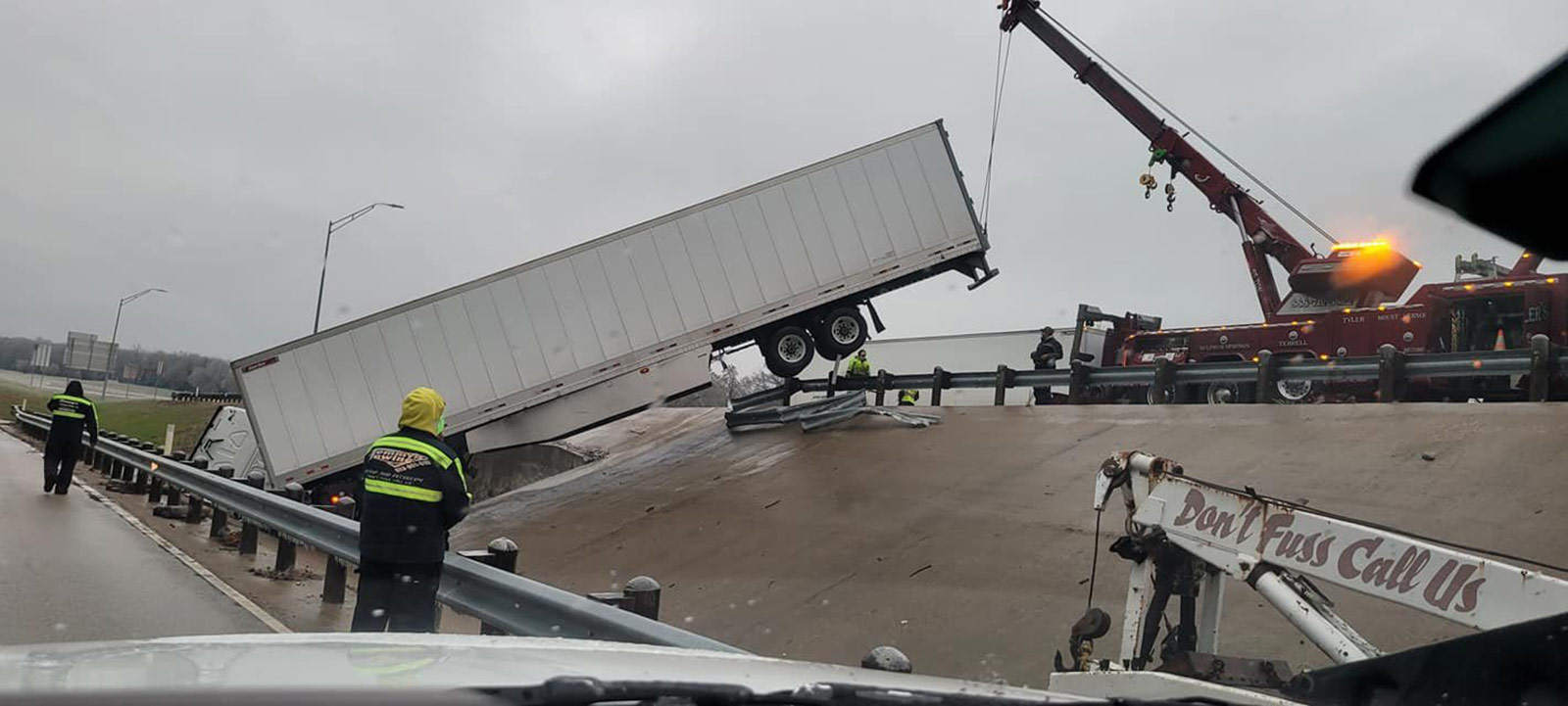 An 18-wheeler slid off Interstate 20 and crashed into the median in Van, Texas. 