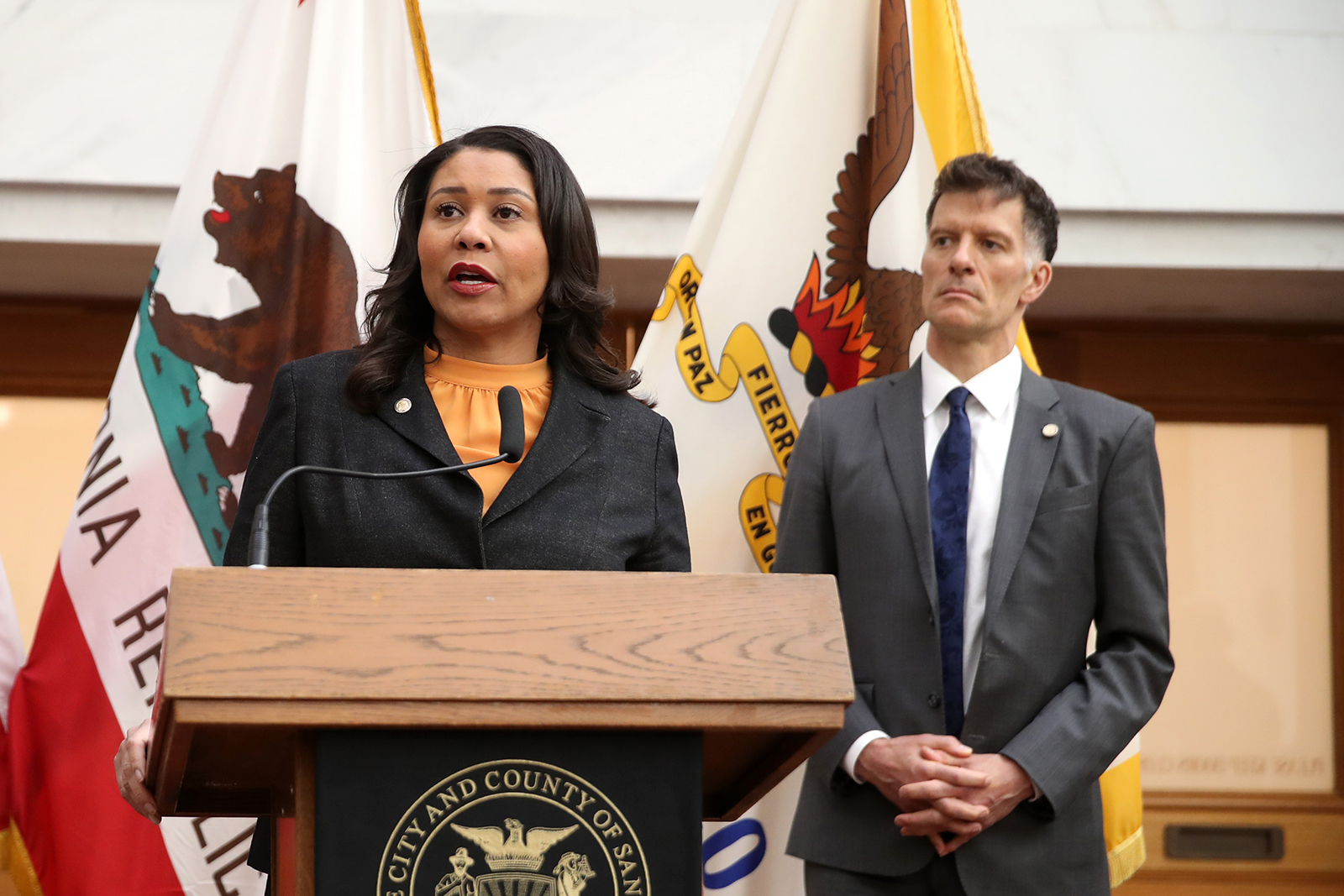 San Francisco Mayor London Breed speaks during a press conference at San Francisco City Hall on March 16.